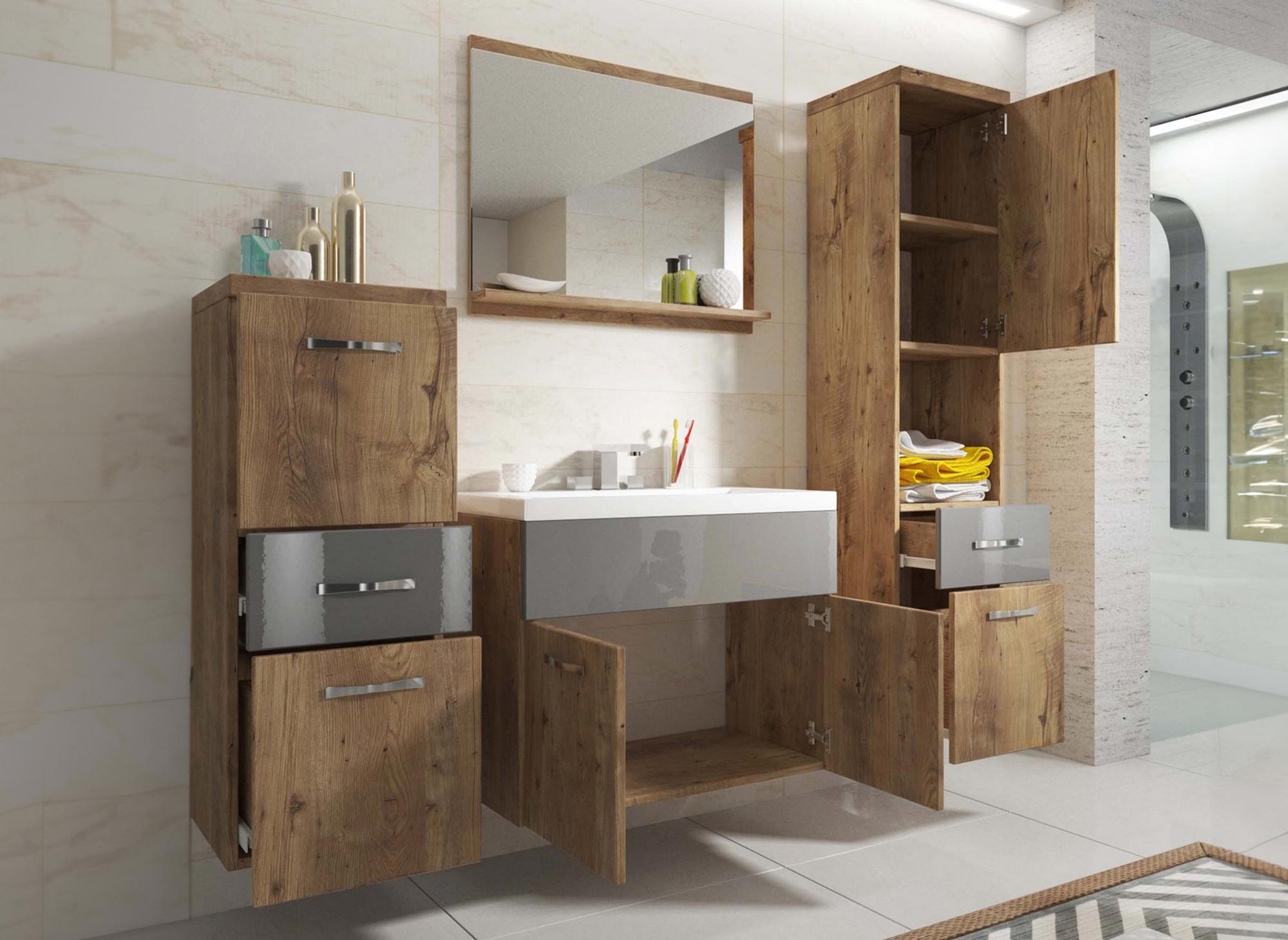 Conjunto de muebles de baño suspendidos - Madera envejecida y gris SHELBY