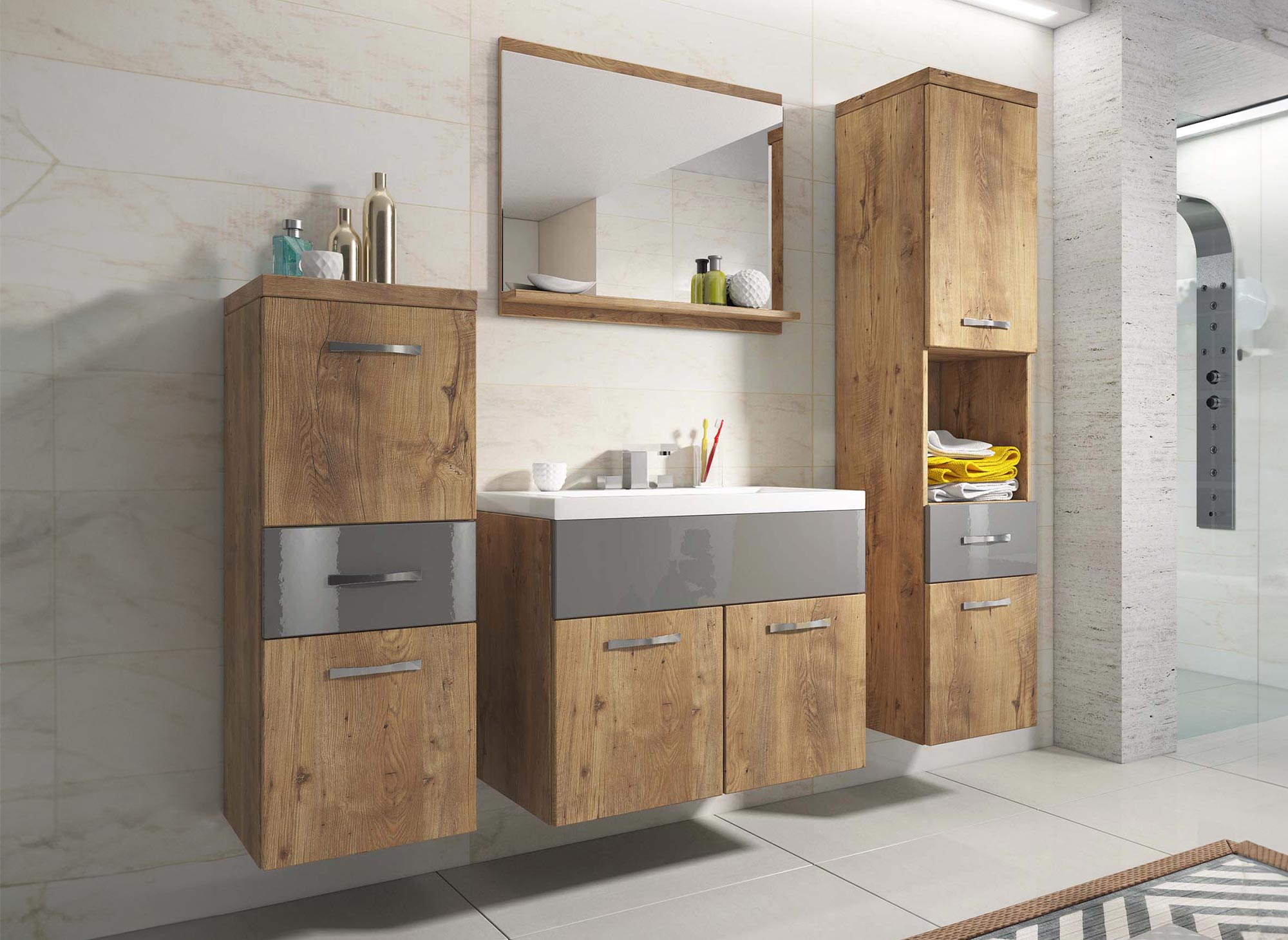 Conjunto de muebles de baño suspendidos - Madera envejecida y gris SHELBY