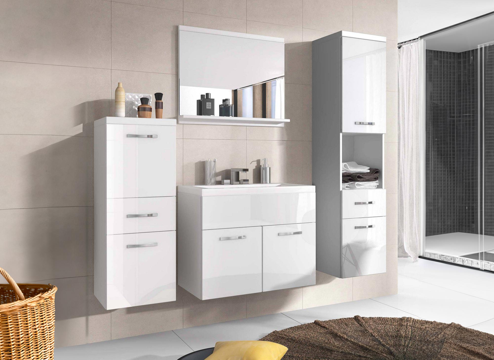 Conjunto de muebles de baño de diseño SHELBY para colgar en la pared - Laca blanca