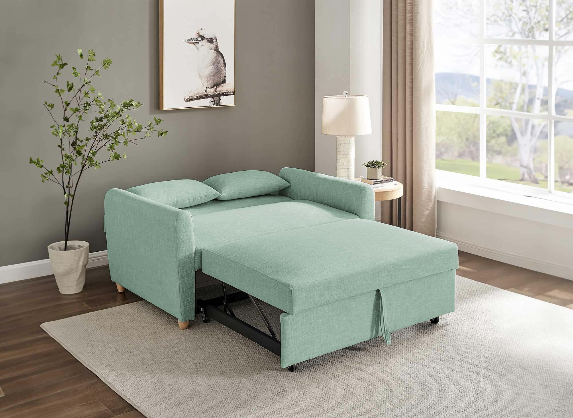 Sofá cama escandinavo convertible KALAYA en tela verde agua