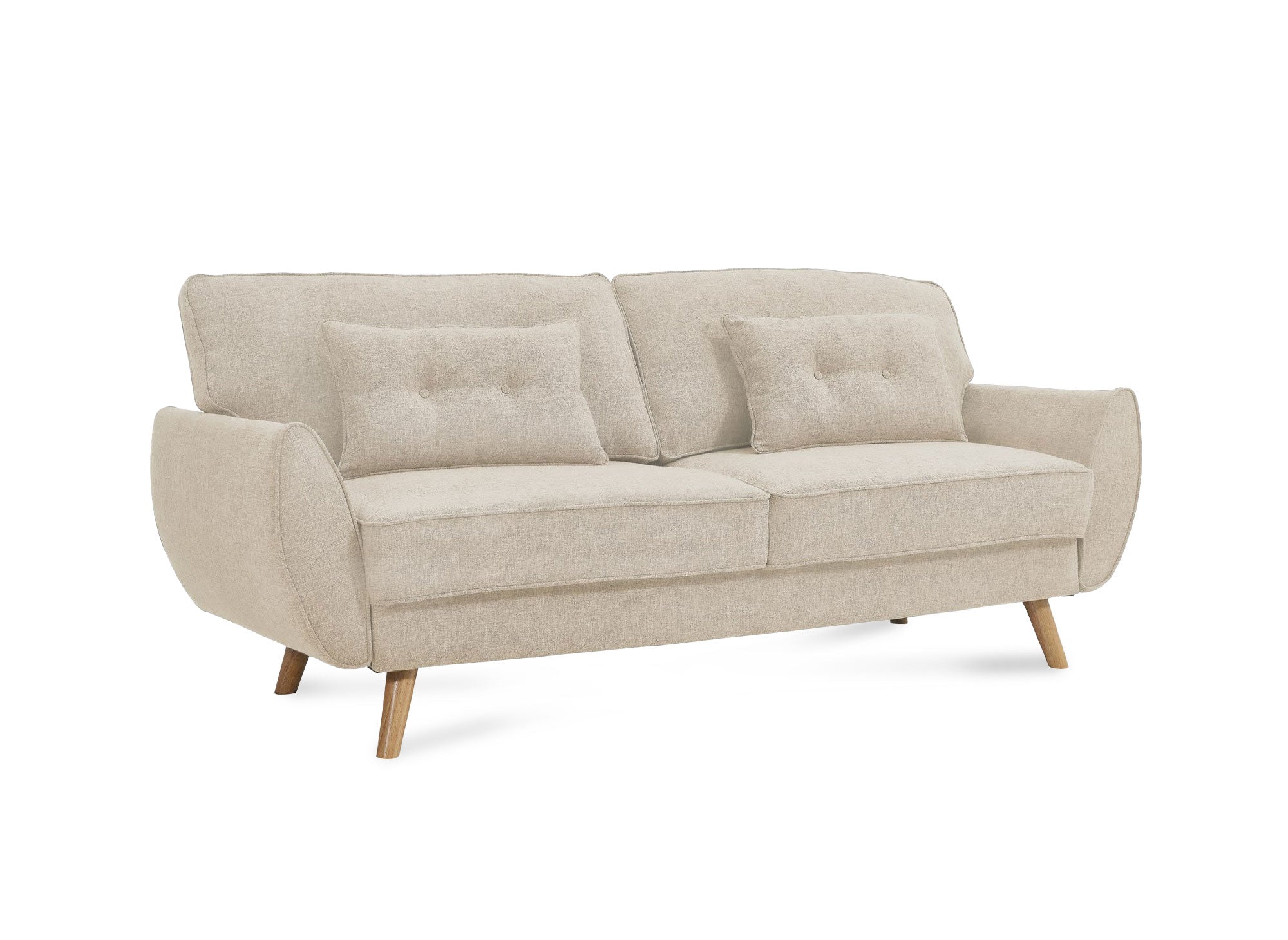 Sofá PANAMA de tela beige con mecanismo clic-clac y patas de madera