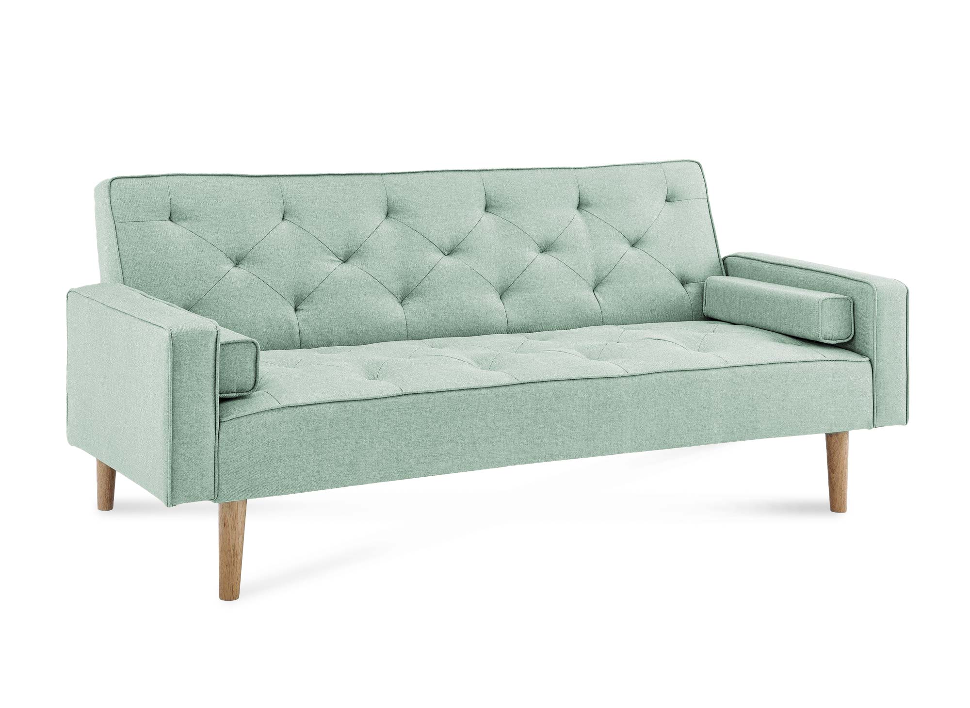 Sofá JAKARTA click-clack tapizado en tela color verde azulado con patas de madera