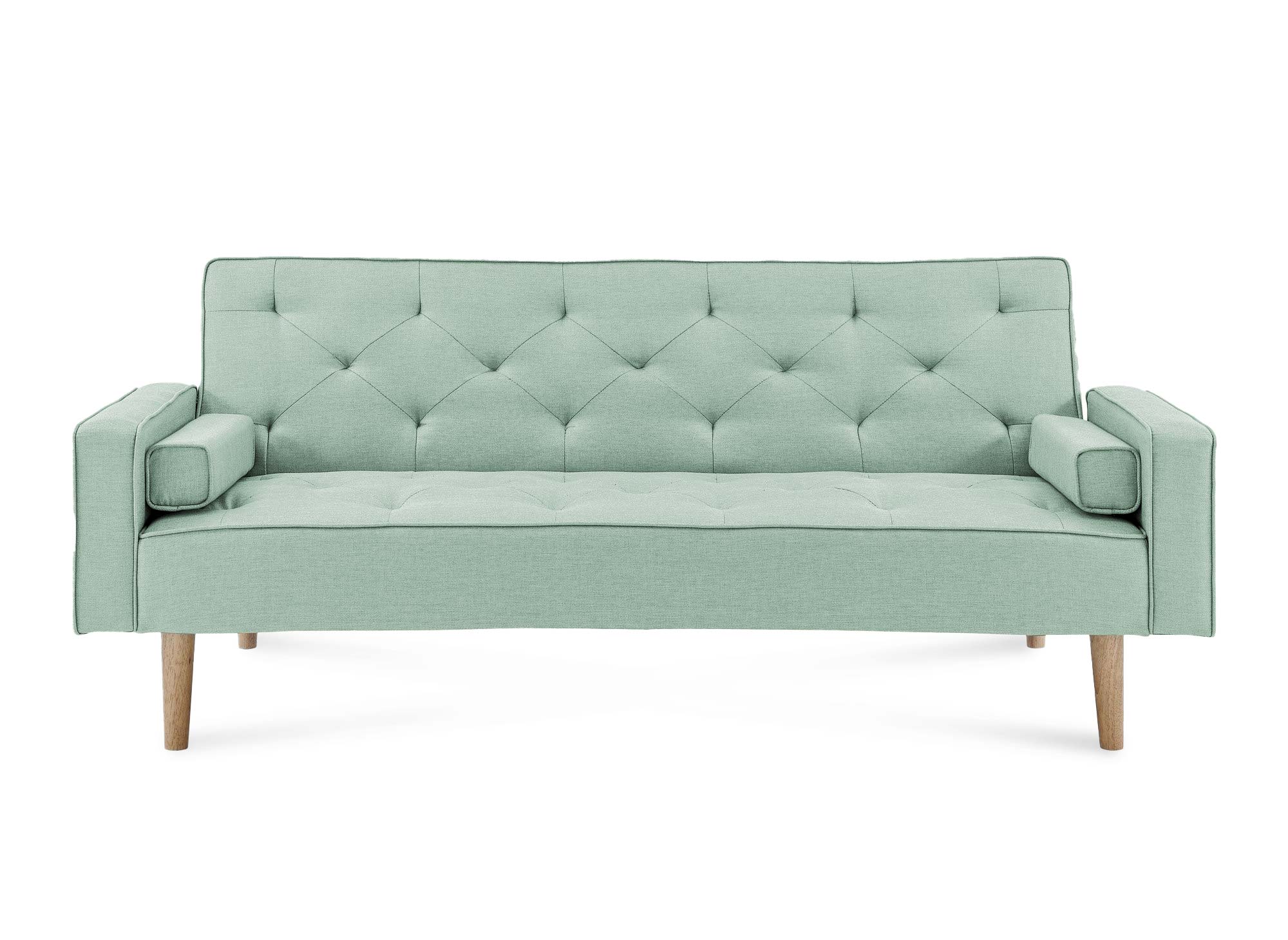 Sofá JAKARTA click-clack tapizado en tela color verde azulado con patas de madera