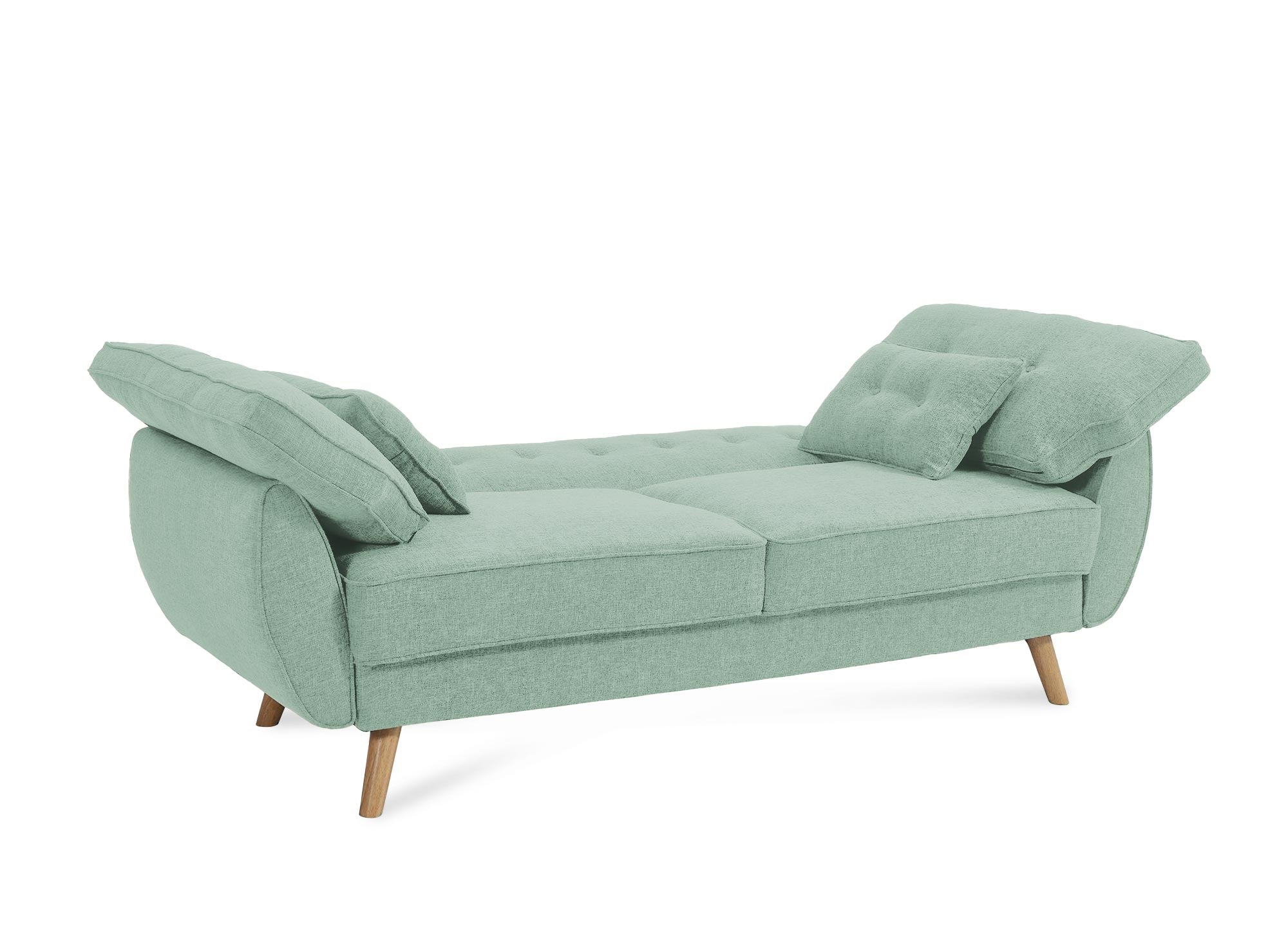 Sofá Panama clic-clack tapizado en tela verde claro con patas de madera