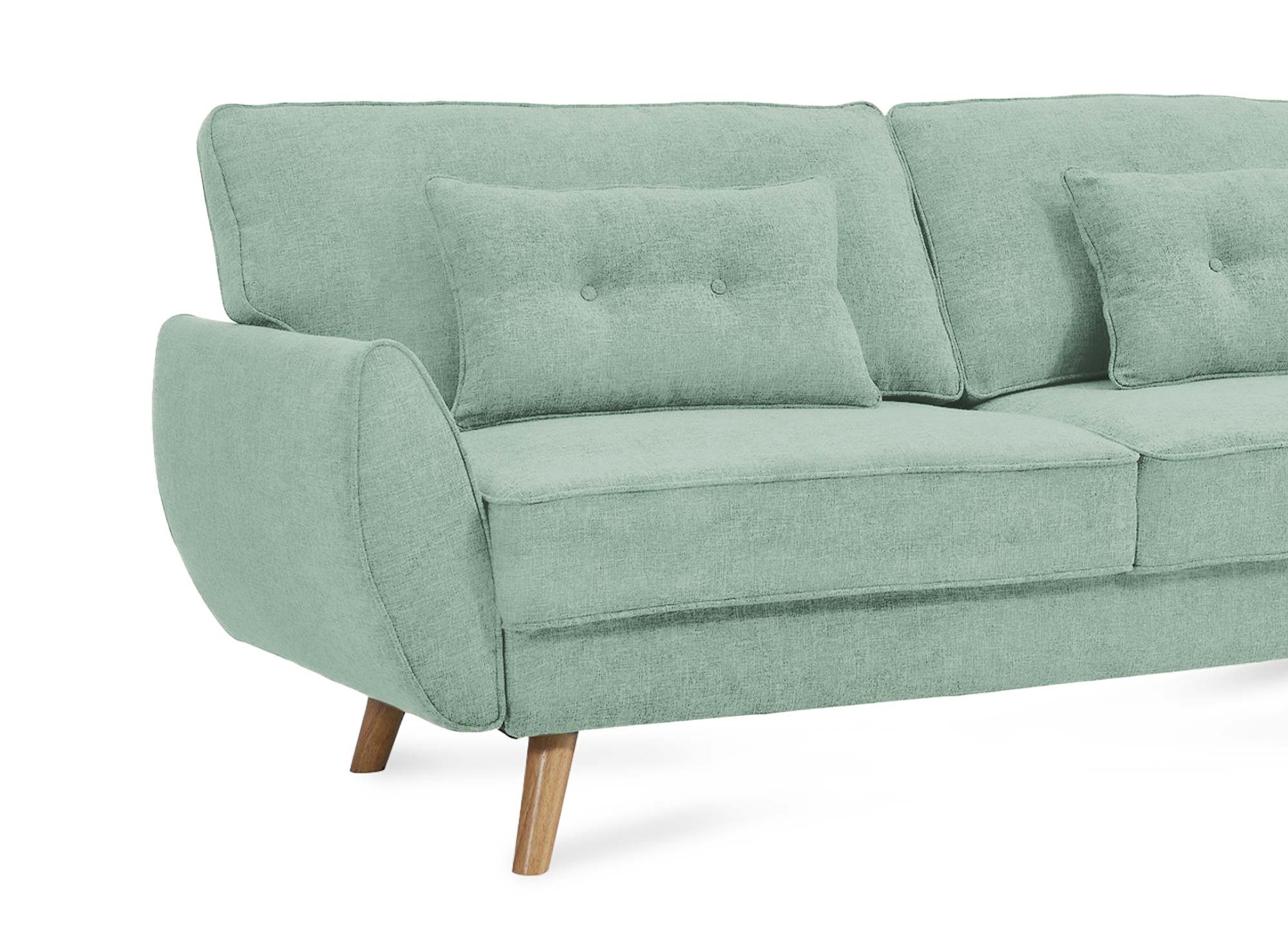 Sofá Panama clic-clack tapizado en tela verde claro con patas de madera