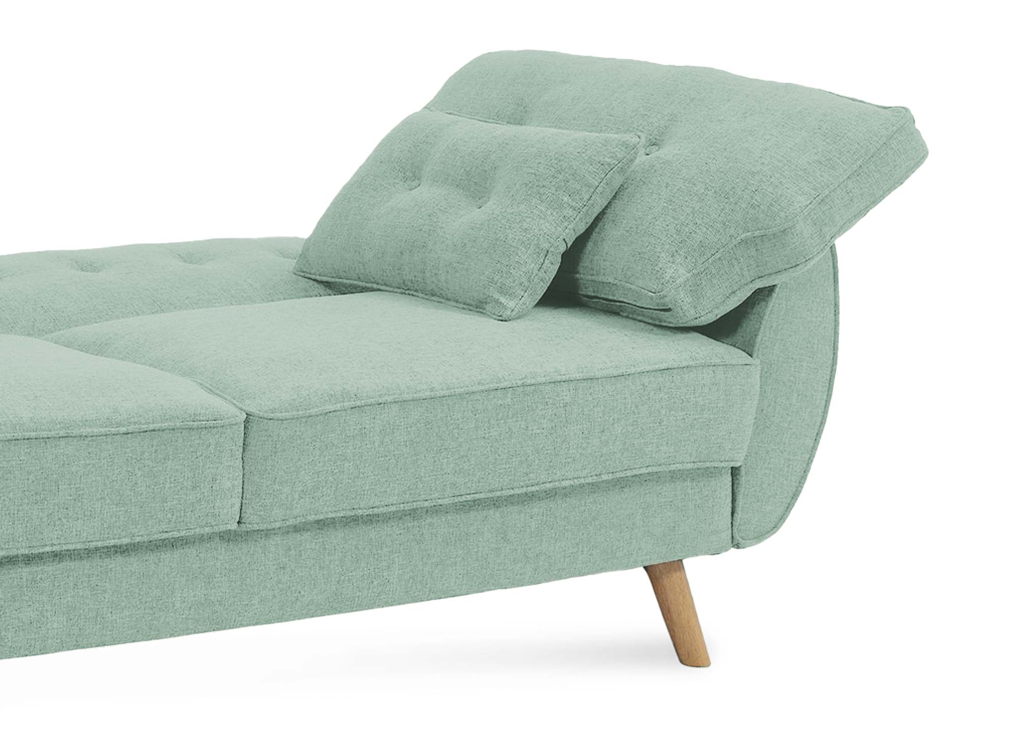 Sofá Panama clic-clack tapizado en tela verde claro con patas de madera