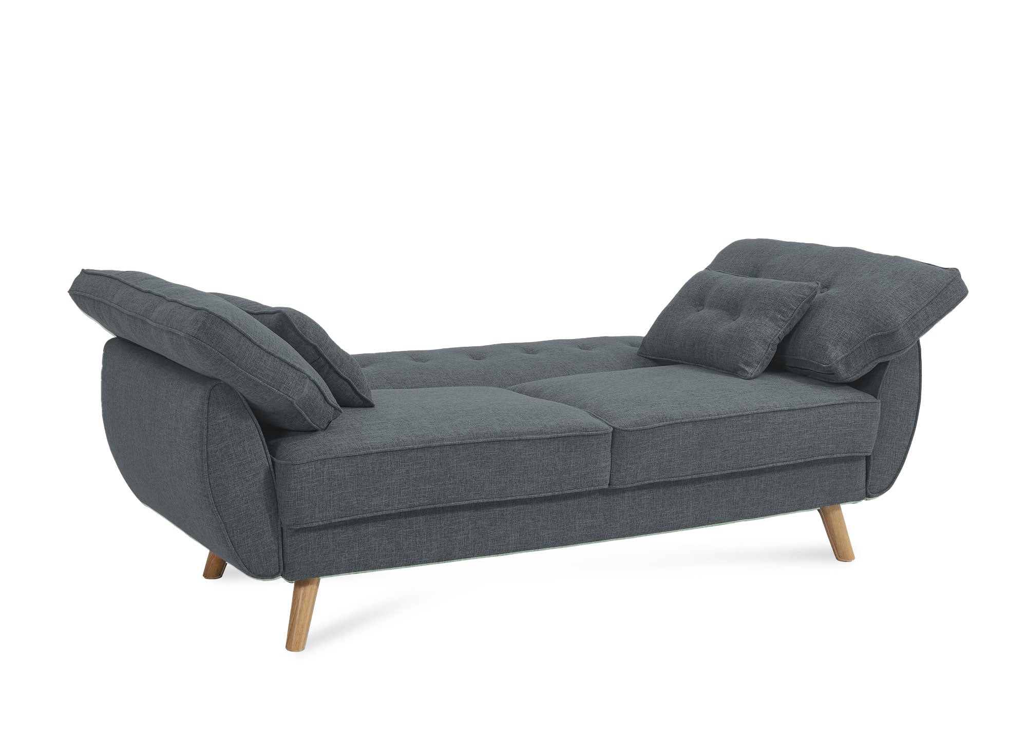 Sofá Panamá de tela gris oscuro con mecanismo clic-clac y patas de madera