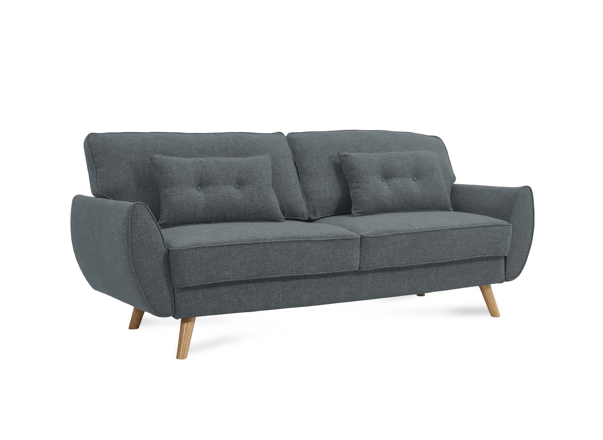 Sofá Panamá de tela gris oscuro con mecanismo clic-clac y patas de madera