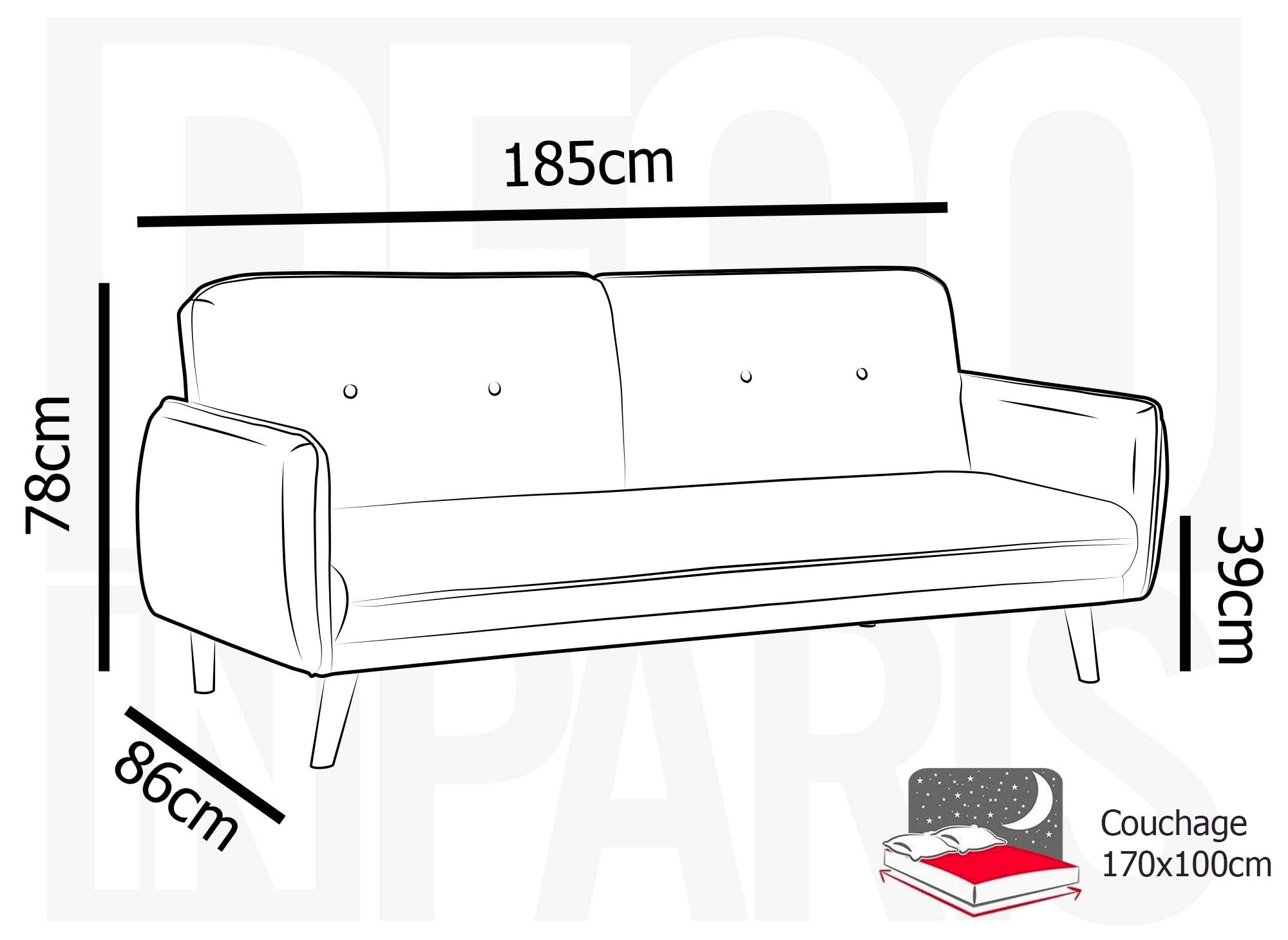 Sofá NATAL de tela beige con mecanismo clic-clac y patas de madera