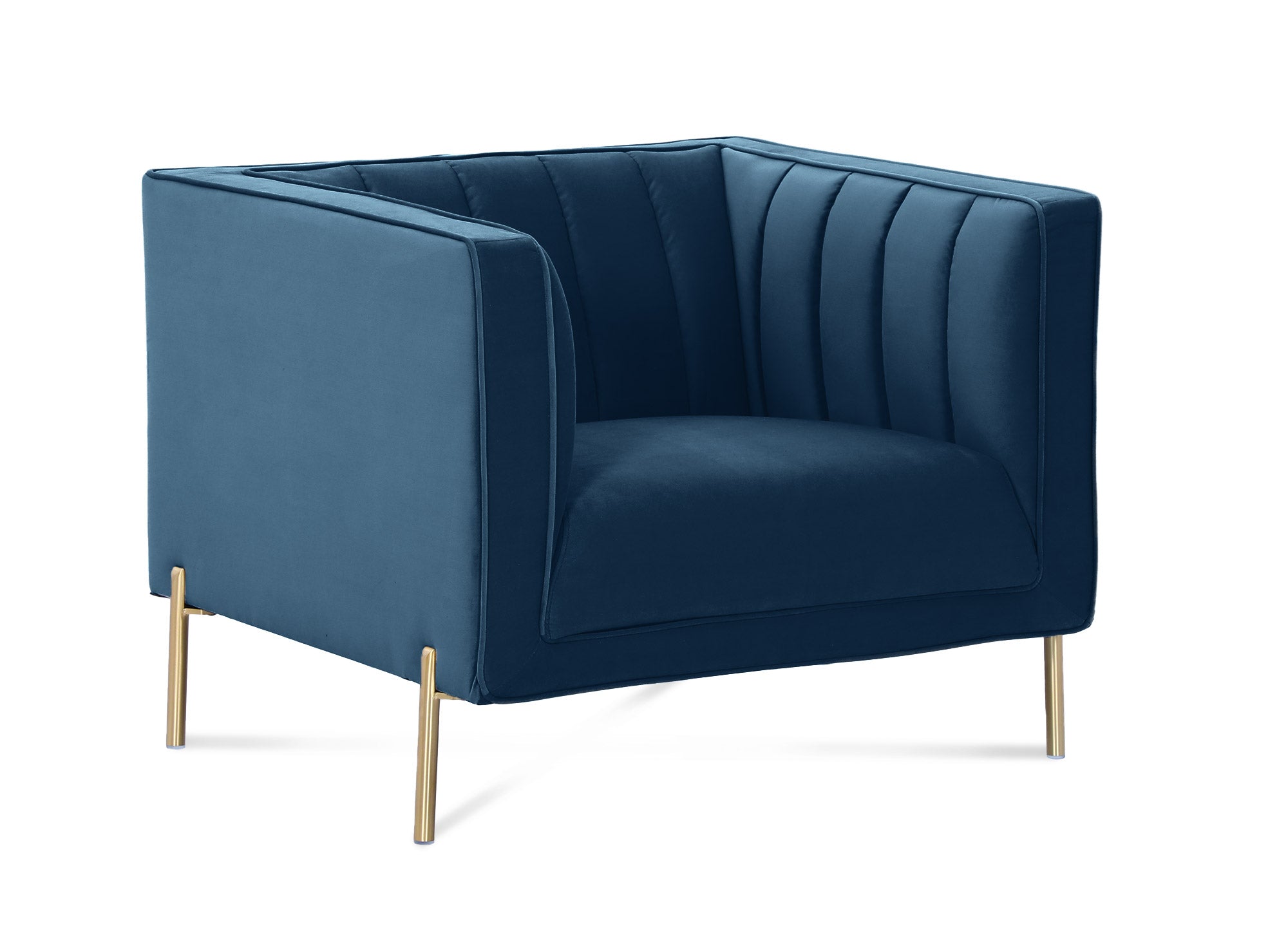 Sillón moderno ROBY en terciopelo azul con patas doradas