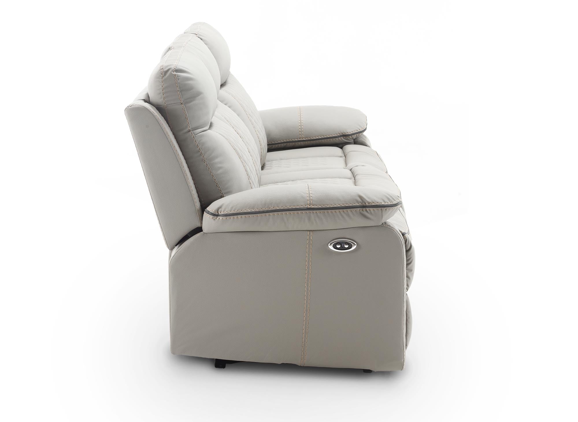 Sofá reclinable eléctrico de 3 plazas ELISE en piel sintética gris claro