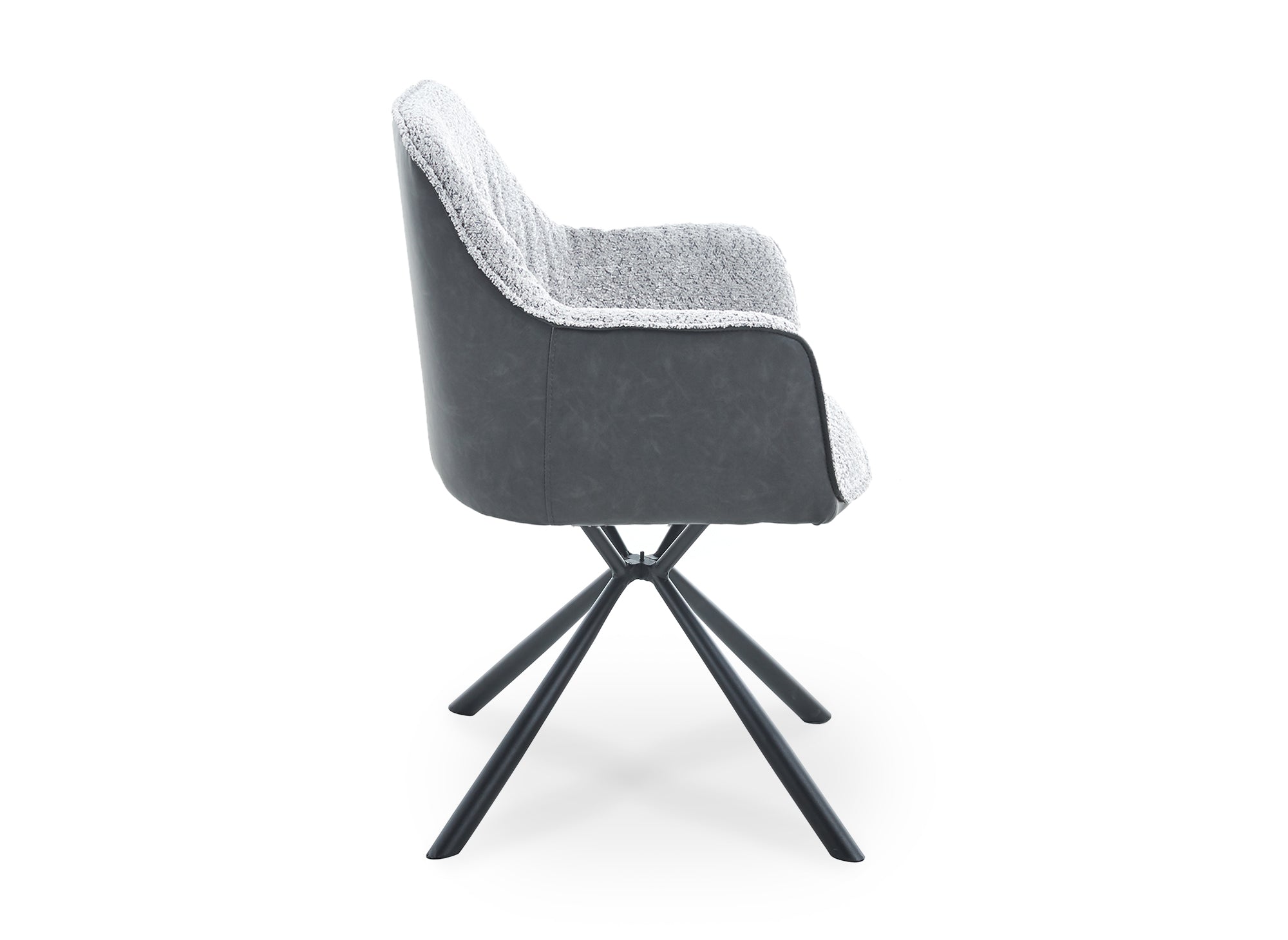 Juego de 2 sillas PIRO con reposabrazos, tapizadas en tela rizada y piel sintética gris.