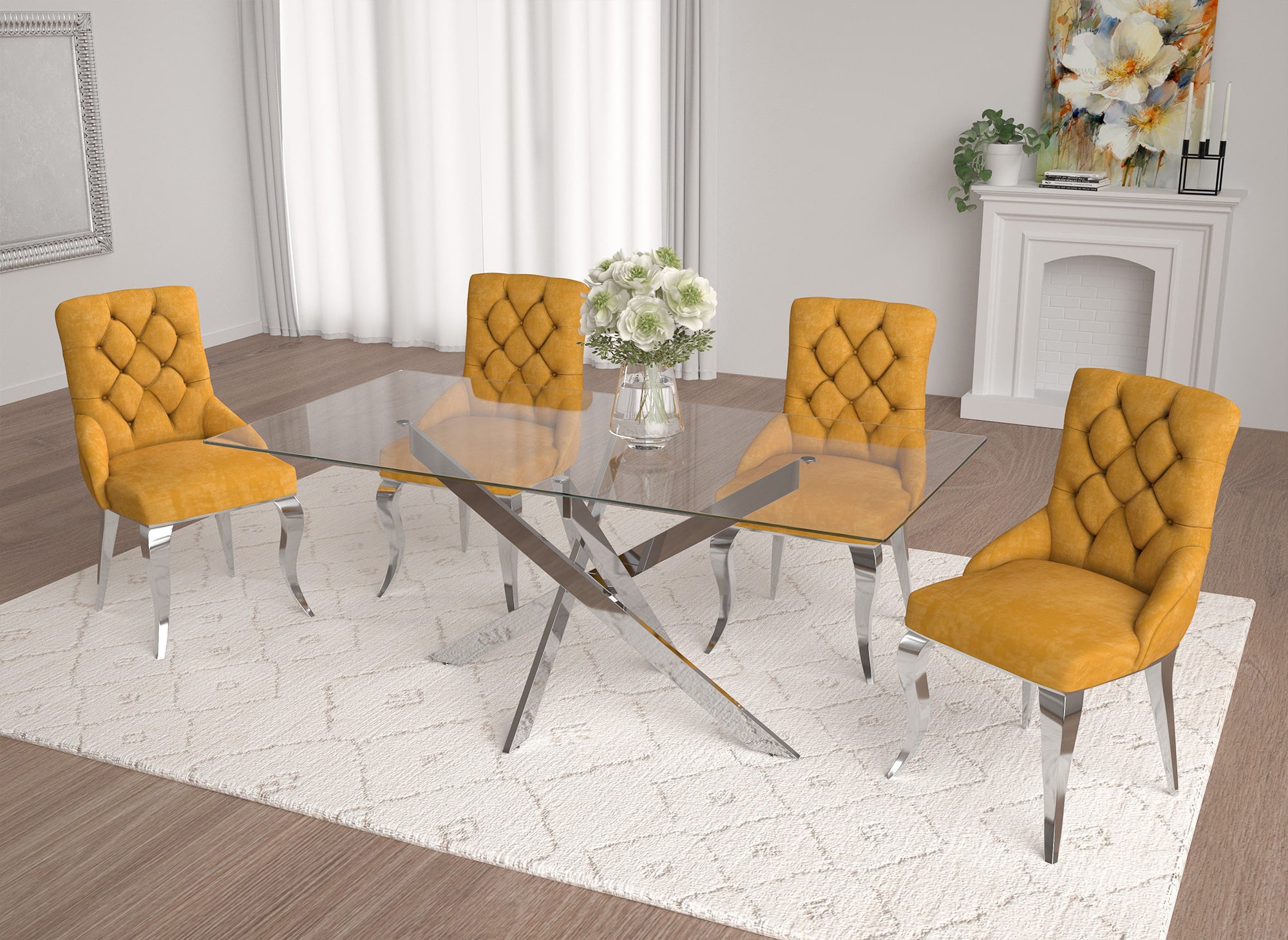 Juego de 2 sillas barrocas ROCCO en terciopelo mostaza con patas plateadas