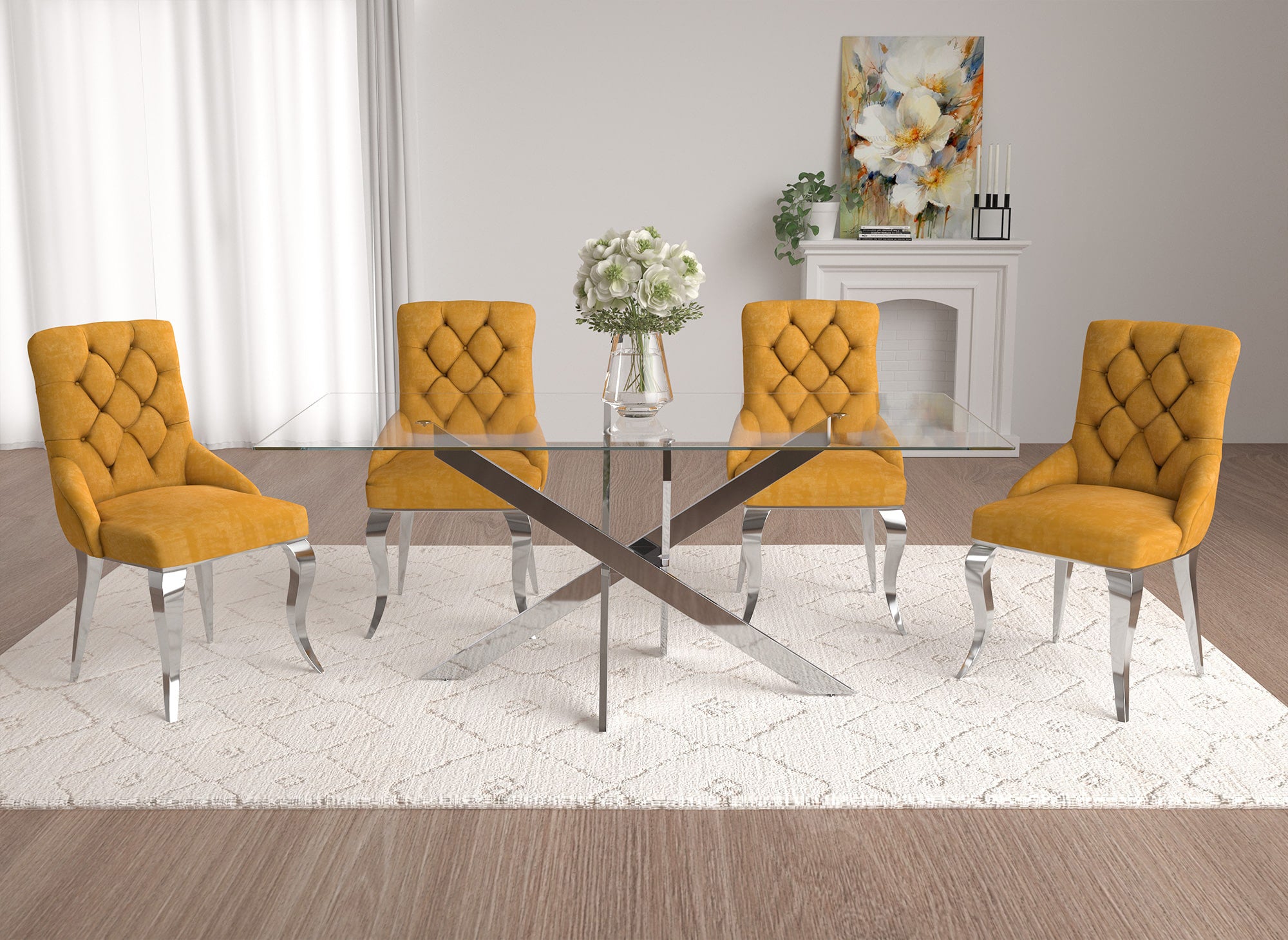 Juego de 2 sillas barrocas ROCCO en terciopelo mostaza con patas plateadas