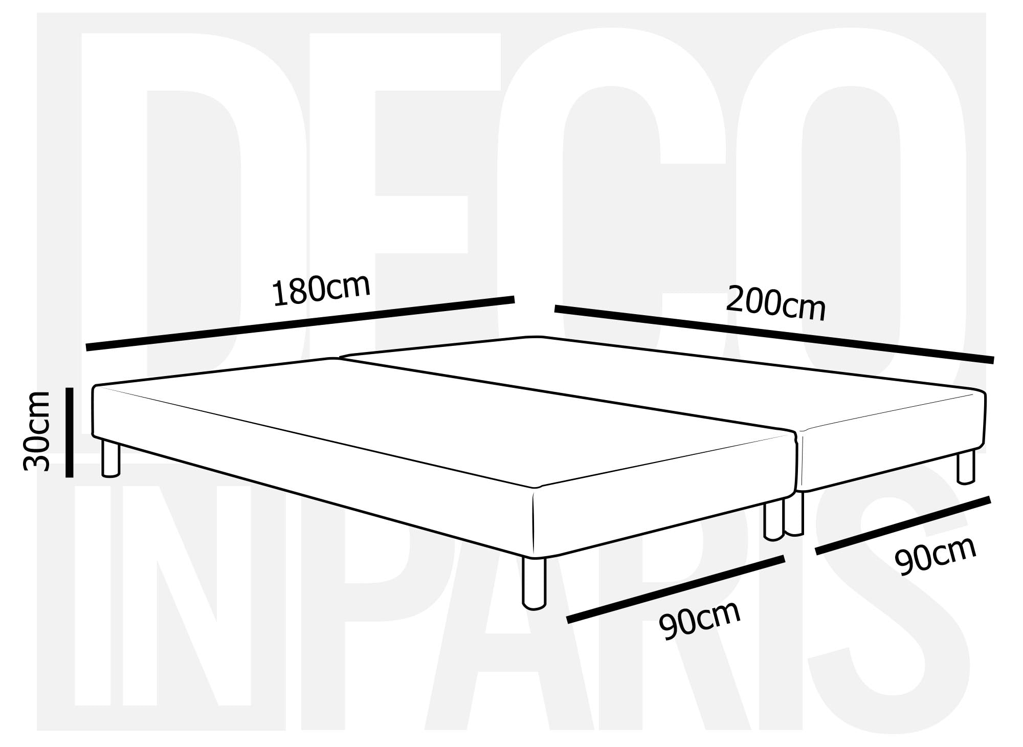 Base de cama tapizada de 180 x 200 cm + 8 patas (2 x 90 x 200 cm)