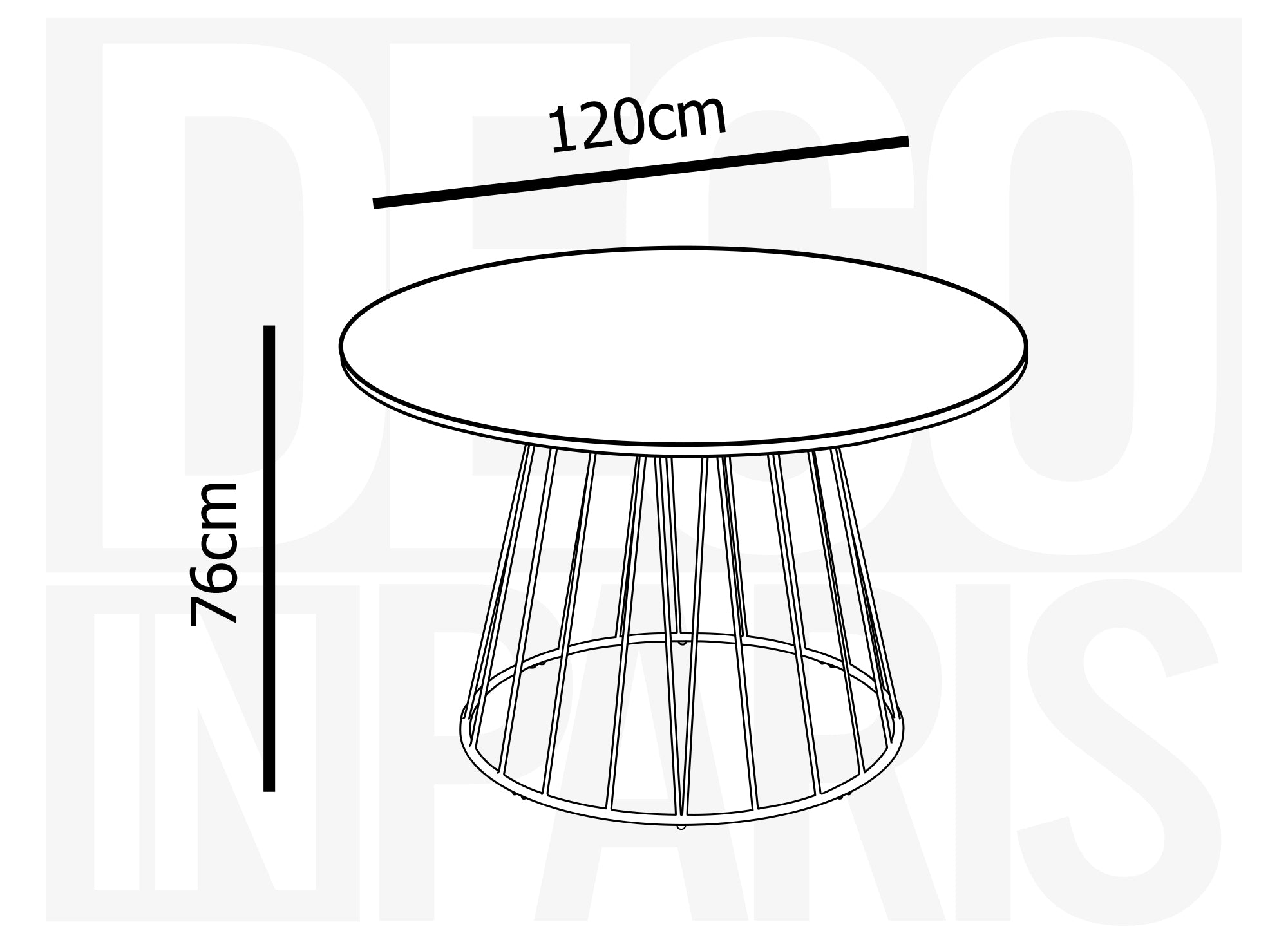 Mesa de comedor redonda Stella con efecto mármol blanco y base de metal negro.
