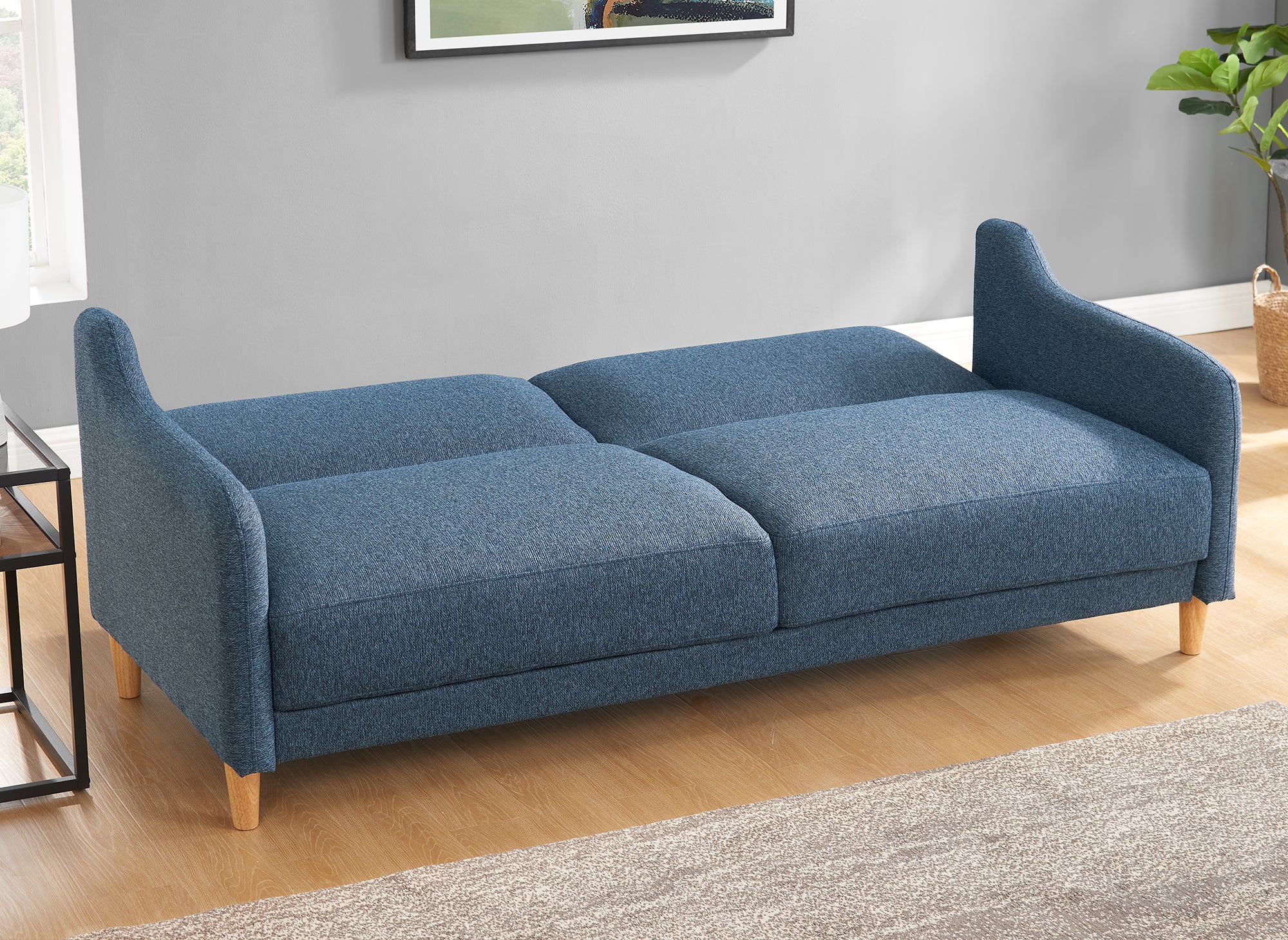 Sofá MARLON de 3 plazas con mecanismo clic-clac en tela azul