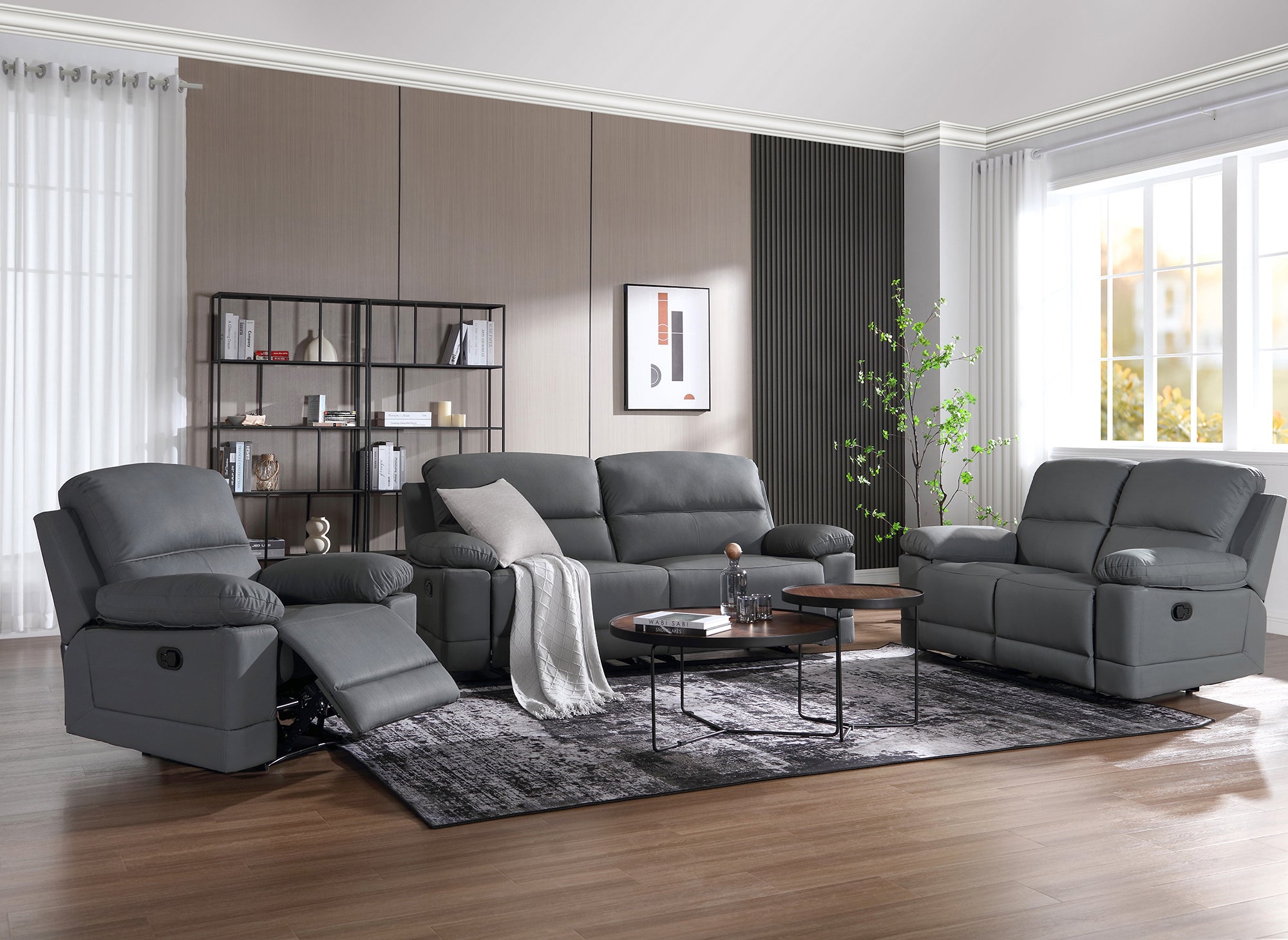 Sofá reclinable manual de 3 plazas DANY en piel sintética gris oscuro