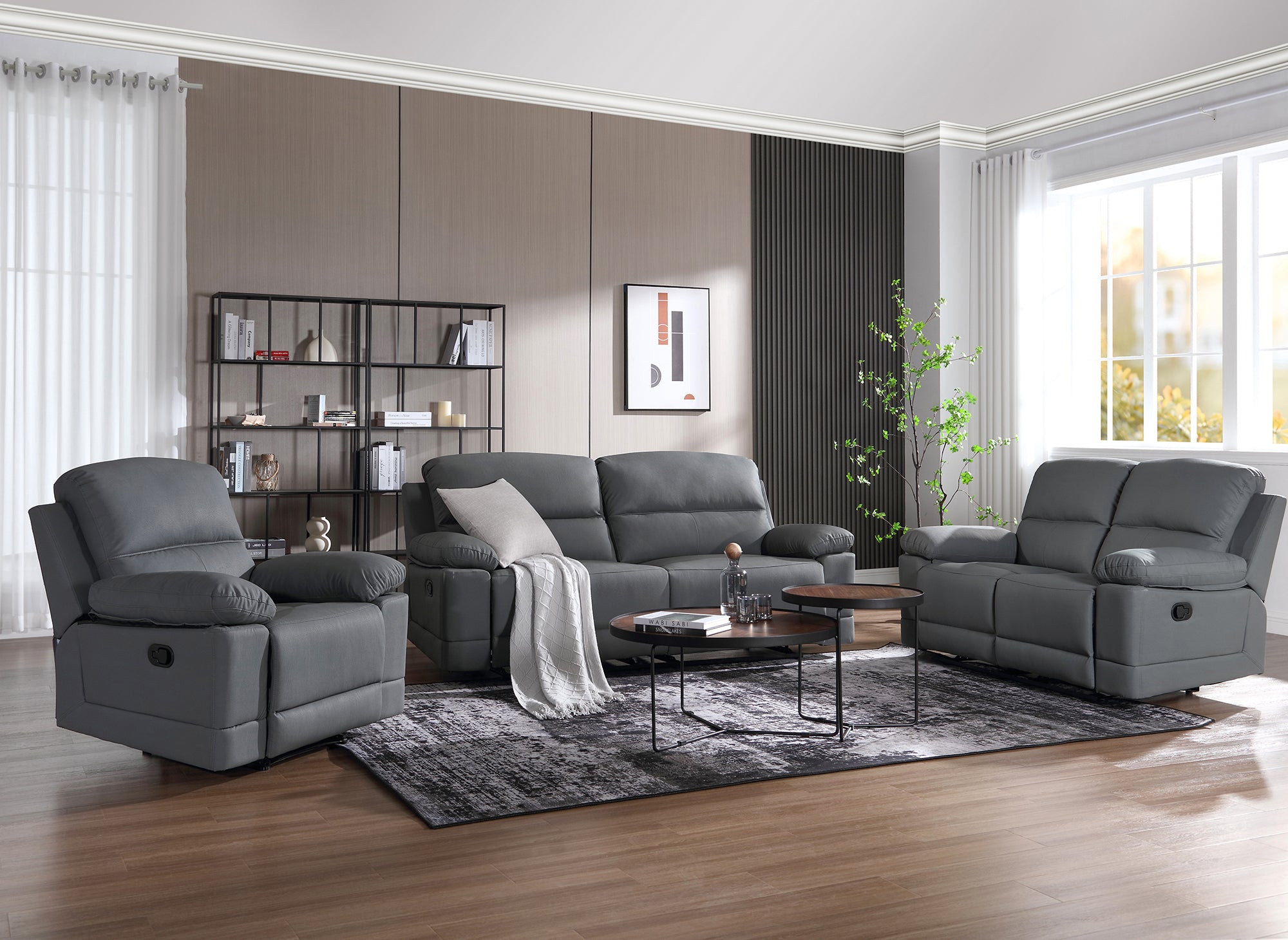 Sofá reclinable manual de 2 plazas DANY en piel sintética gris oscuro