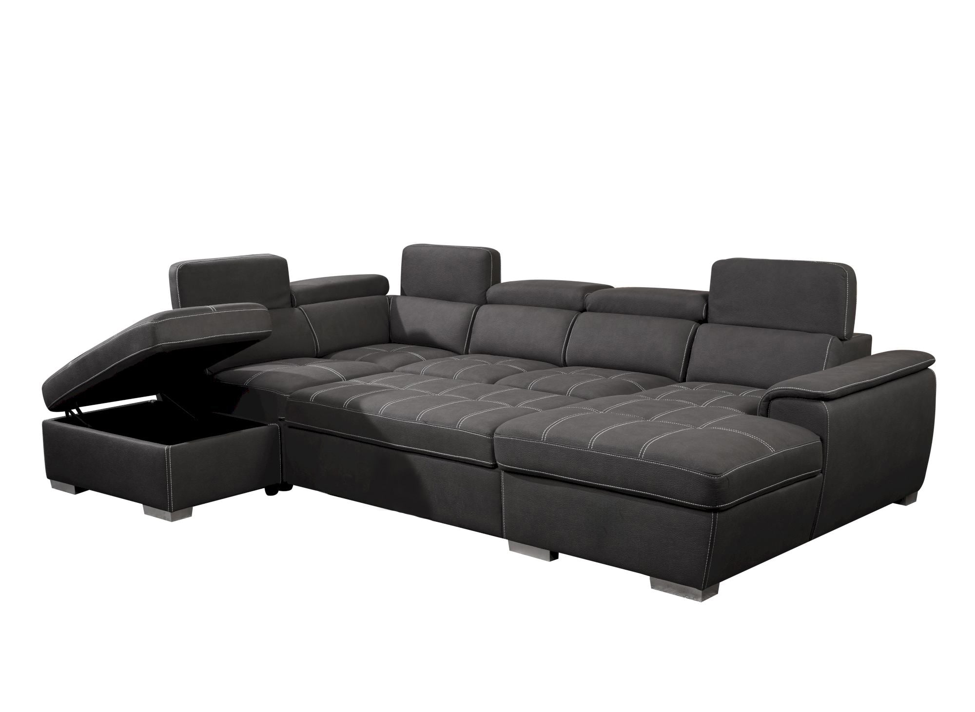 Sofá convertible y panorámico OLIVER con compartimento de almacenamiento en tela gris - Esquina derecha