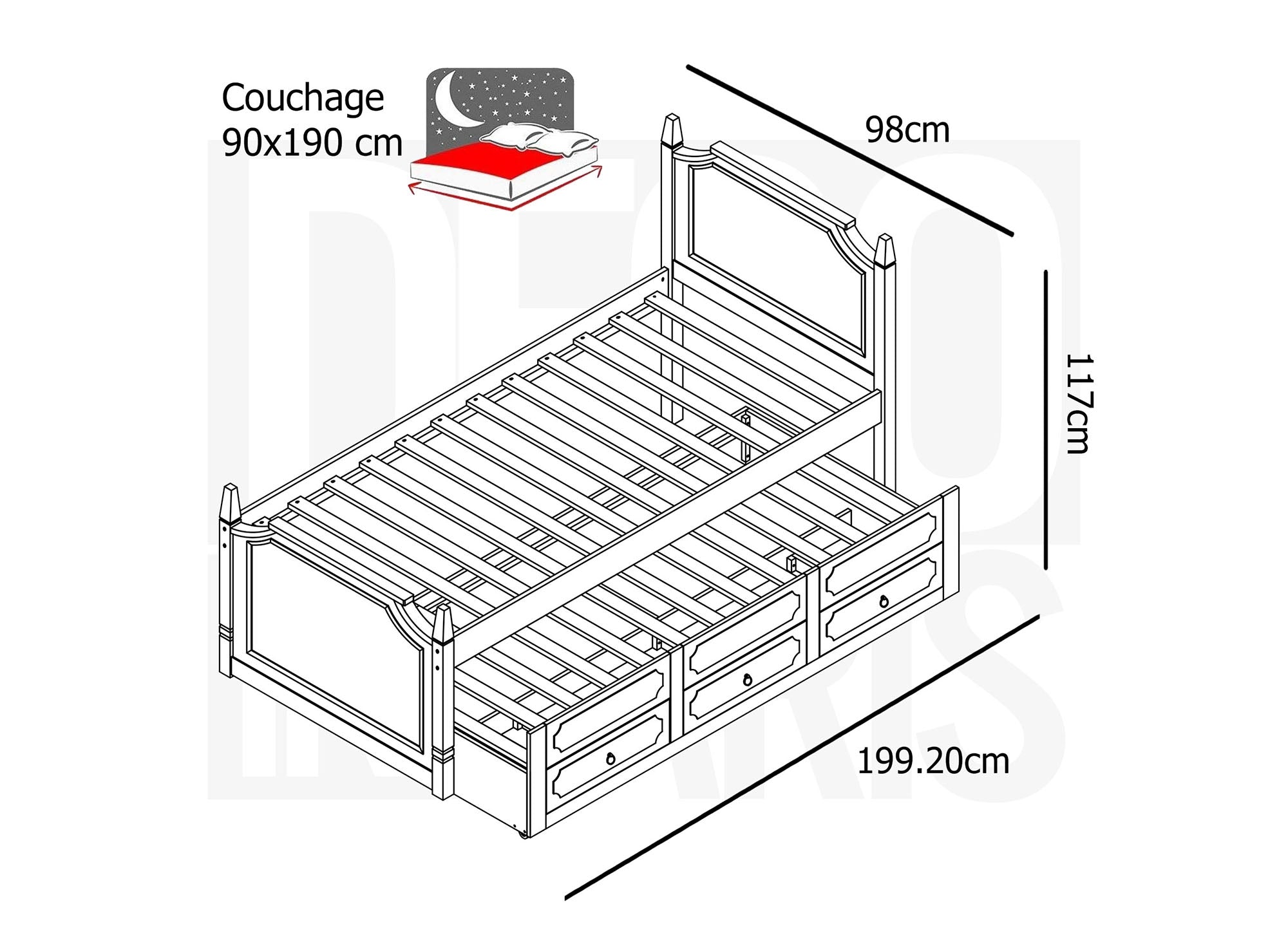 Cama nido PAULINE con cajones en madera blanca, 90 x 190 cm
