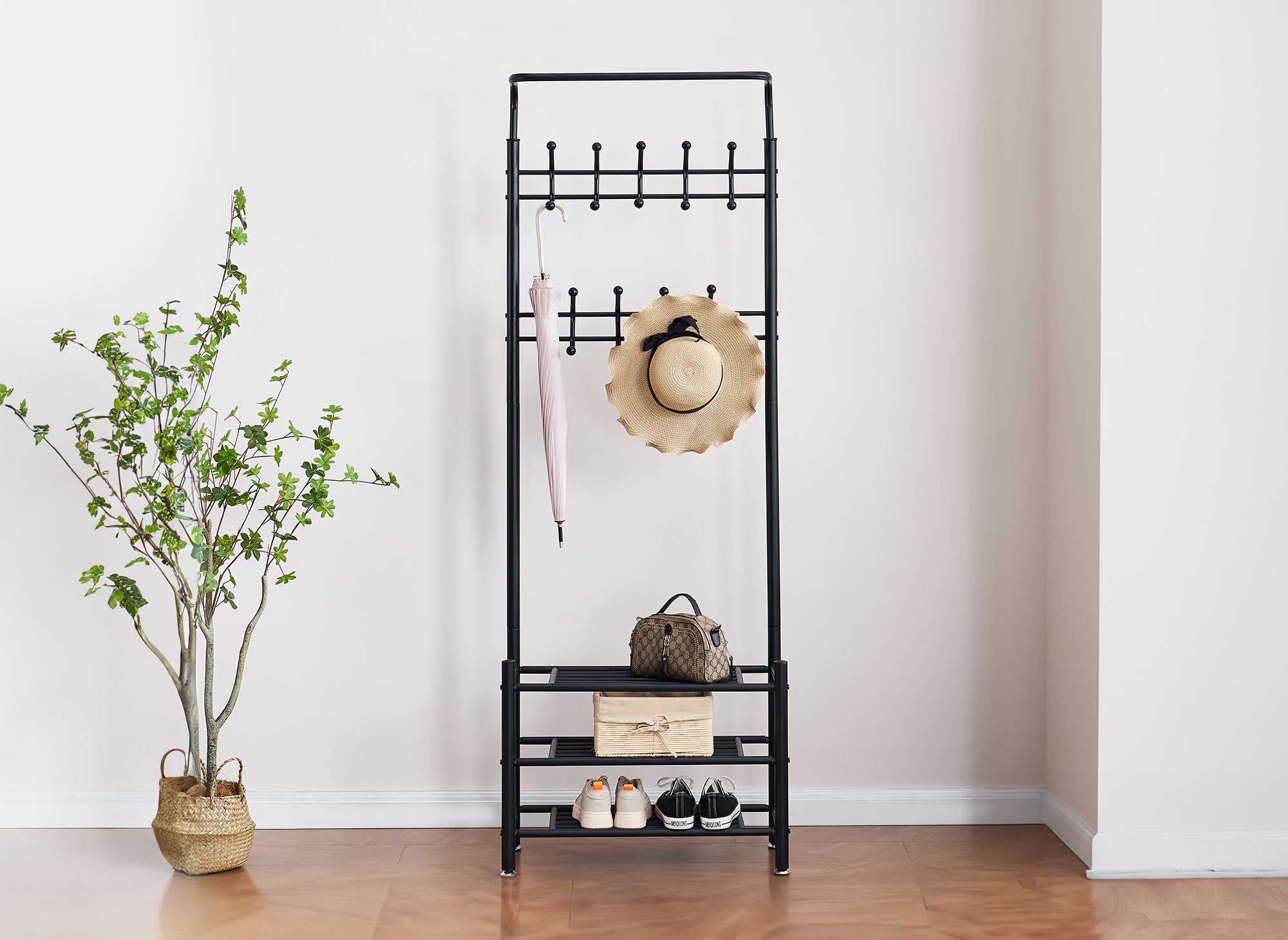 Armario de entrada ROMAIN de metal negro con 3 estantes