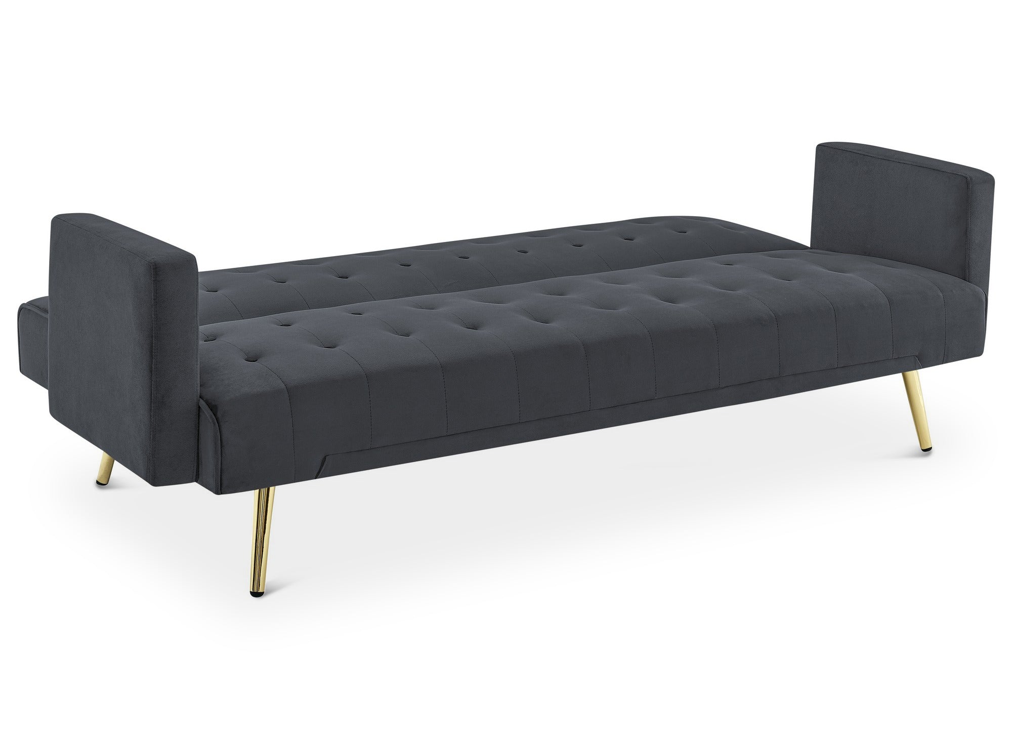 Sofá CHICAGO de terciopelo gris oscuro con mecanismo clic-clac y patas de metal dorado
