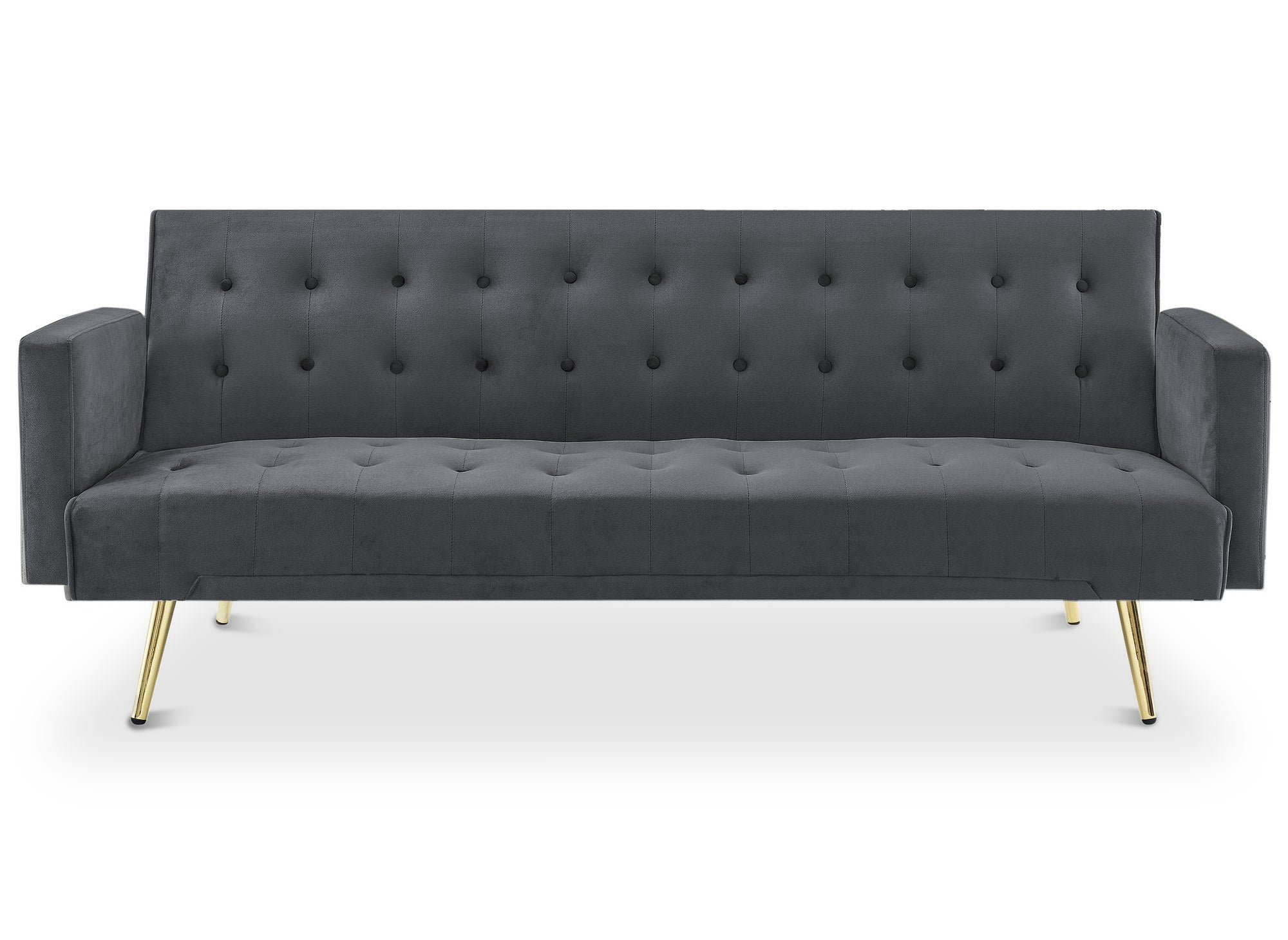 Sofá CHICAGO de terciopelo gris oscuro con mecanismo clic-clac y patas de metal dorado