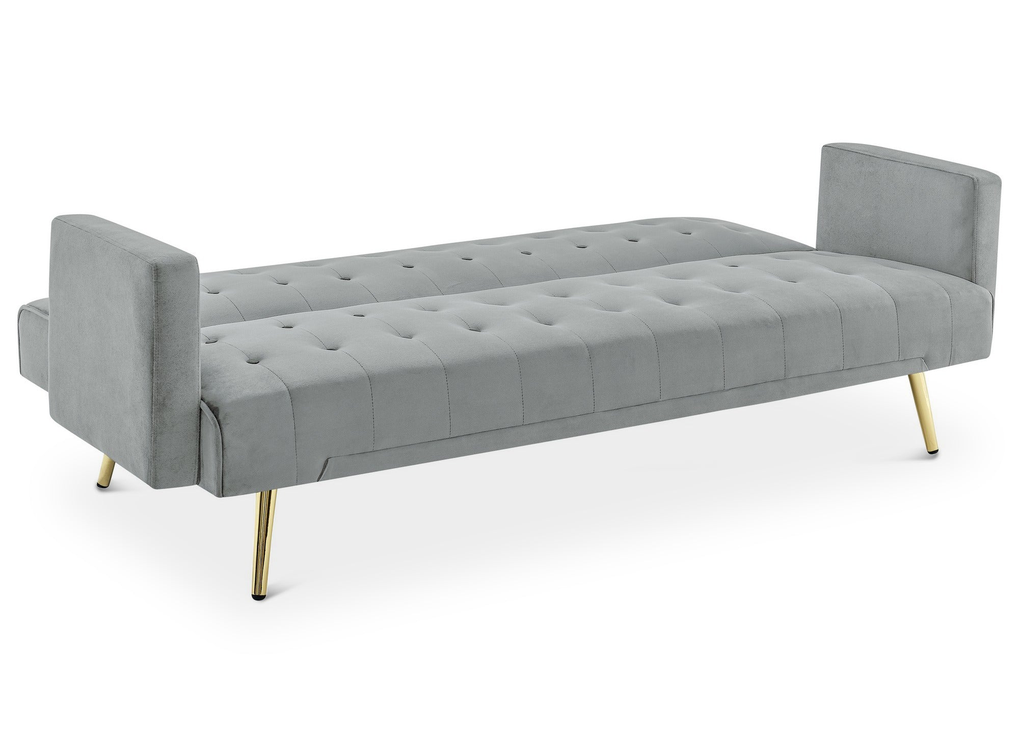 Sofá CHICAGO de terciopelo gris con mecanismo clic-clac y patas de metal dorado