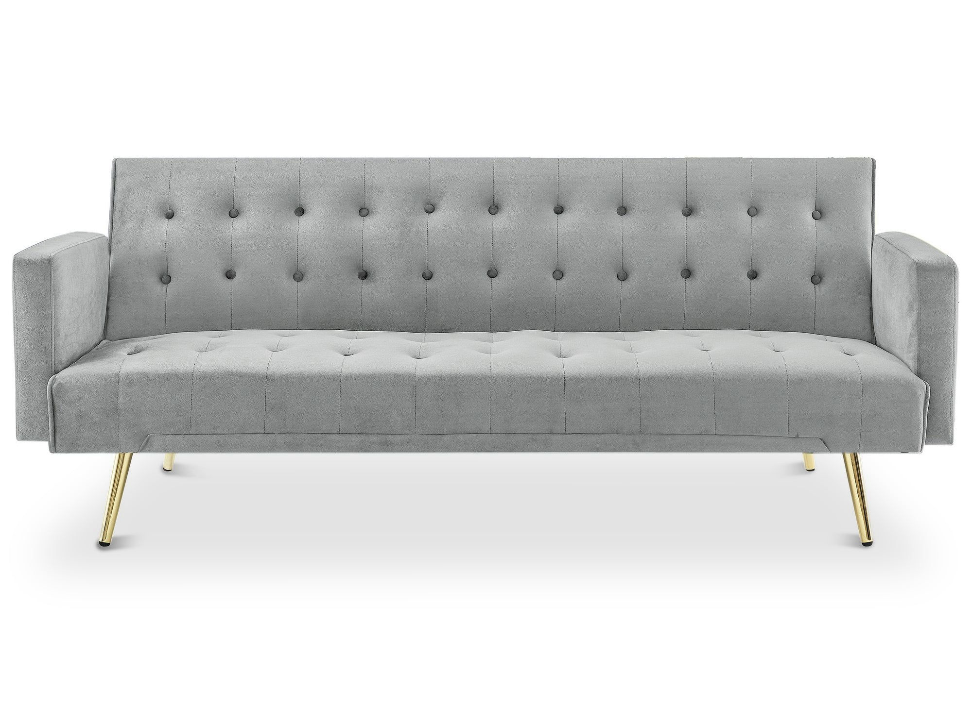 Sofá CHICAGO de terciopelo gris con mecanismo clic-clac y patas de metal dorado