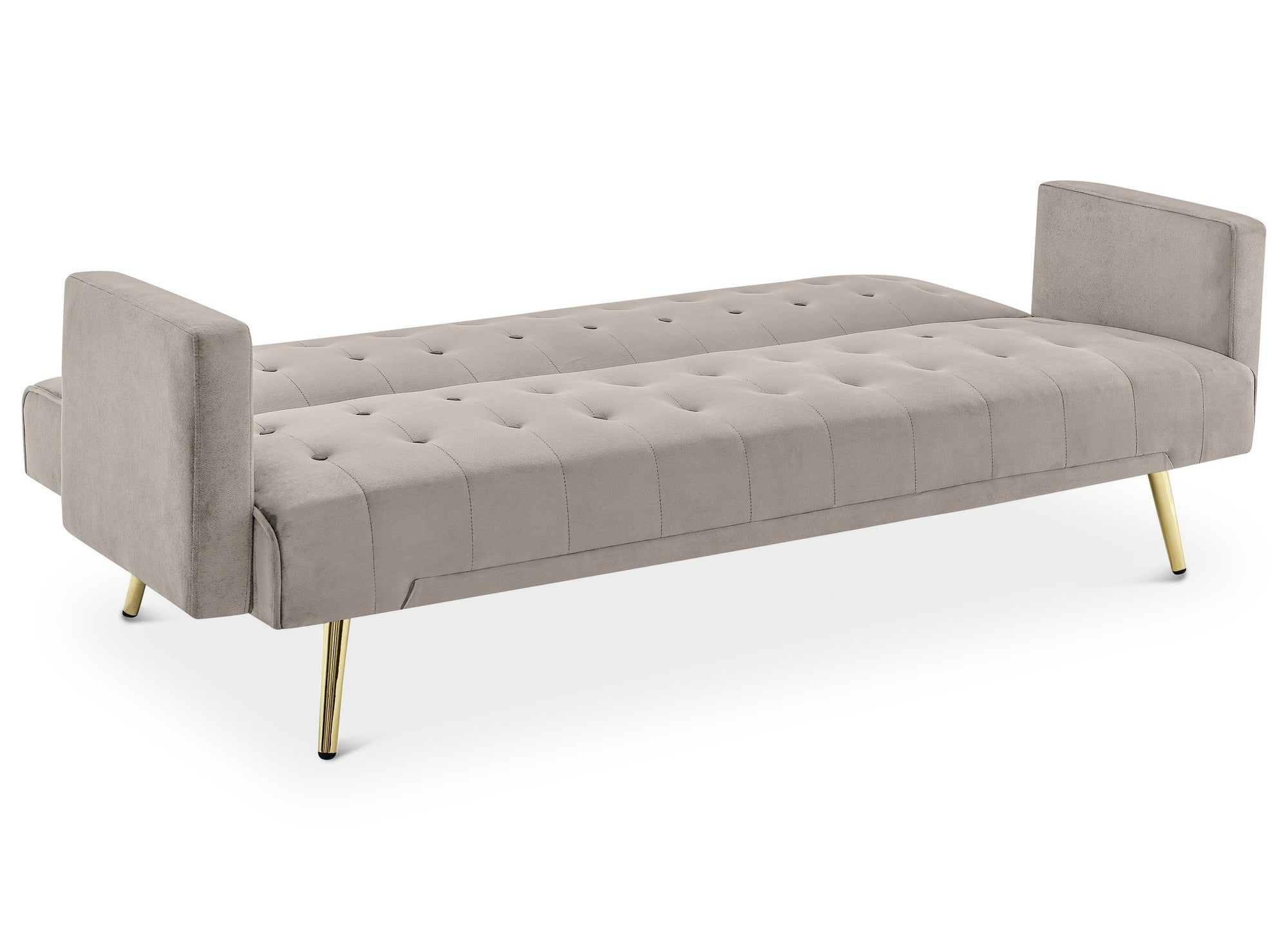 Sofá CHICAGO de terciopelo beige con mecanismo clic-clac y patas de metal dorado