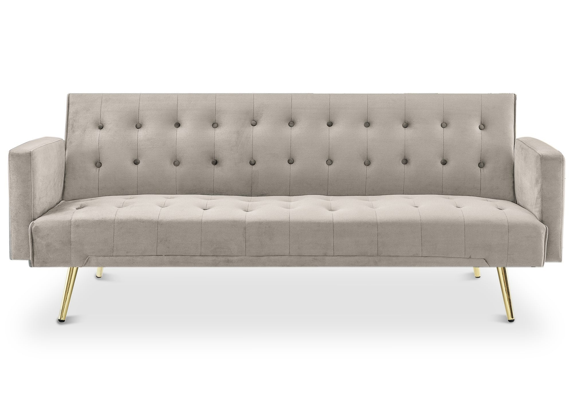 Sofá CHICAGO de terciopelo beige con mecanismo clic-clac y patas de metal dorado