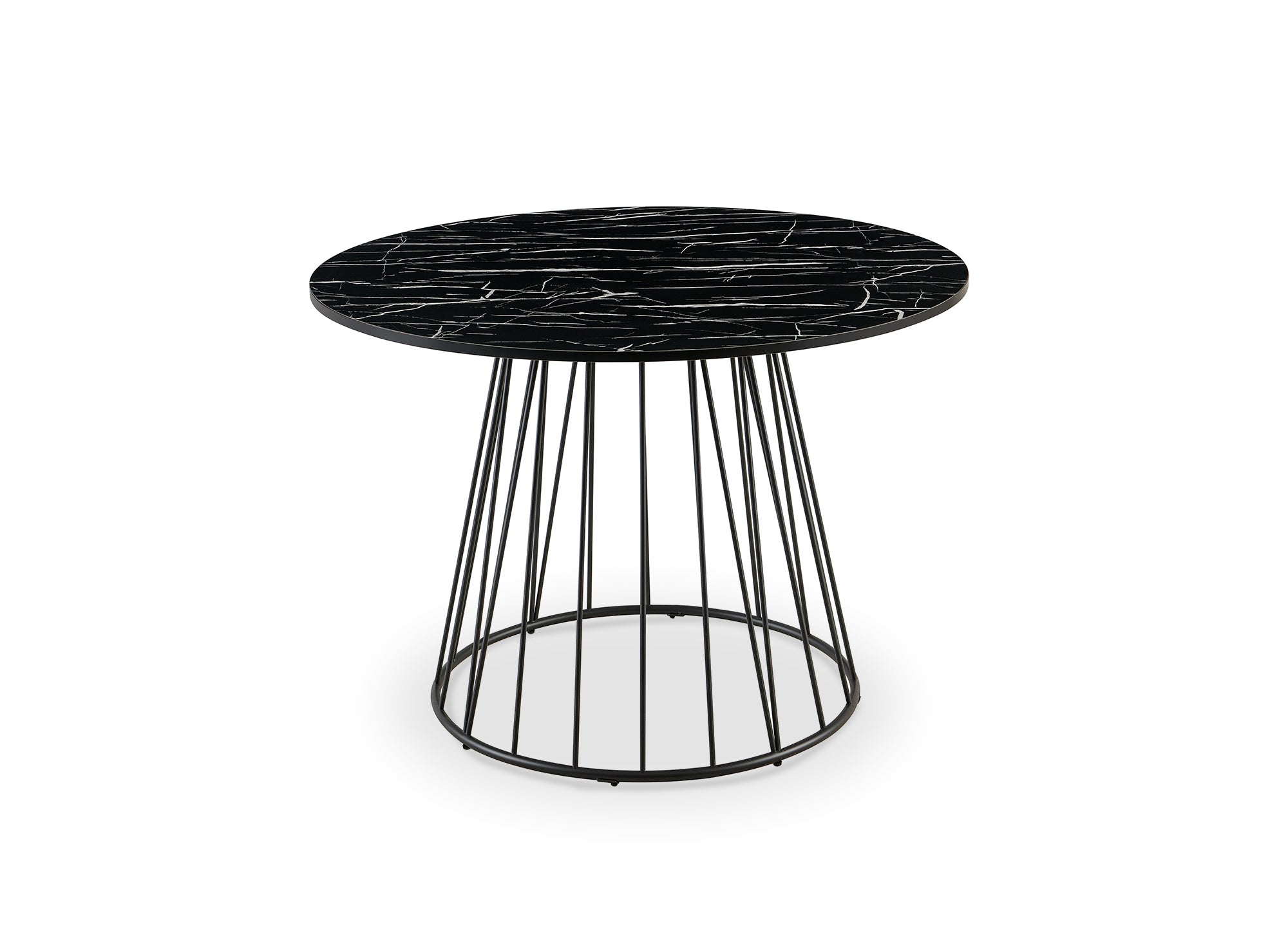 Mesa de comedor redonda Stella con efecto mármol negro y base de metal negro.