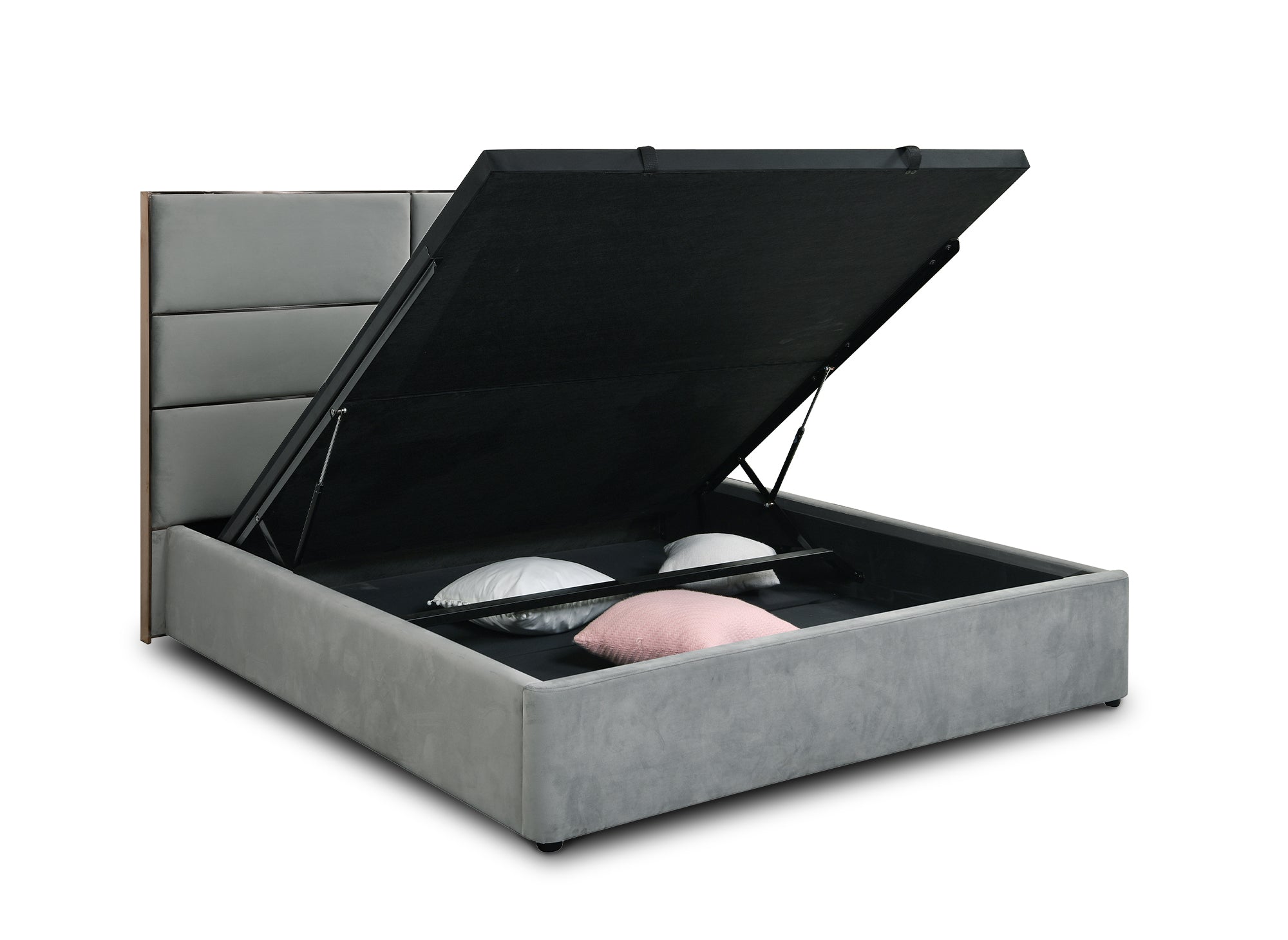 Cama con almacenaje de diseño DAVINA en terciopelo gris, 180 x 200 cm