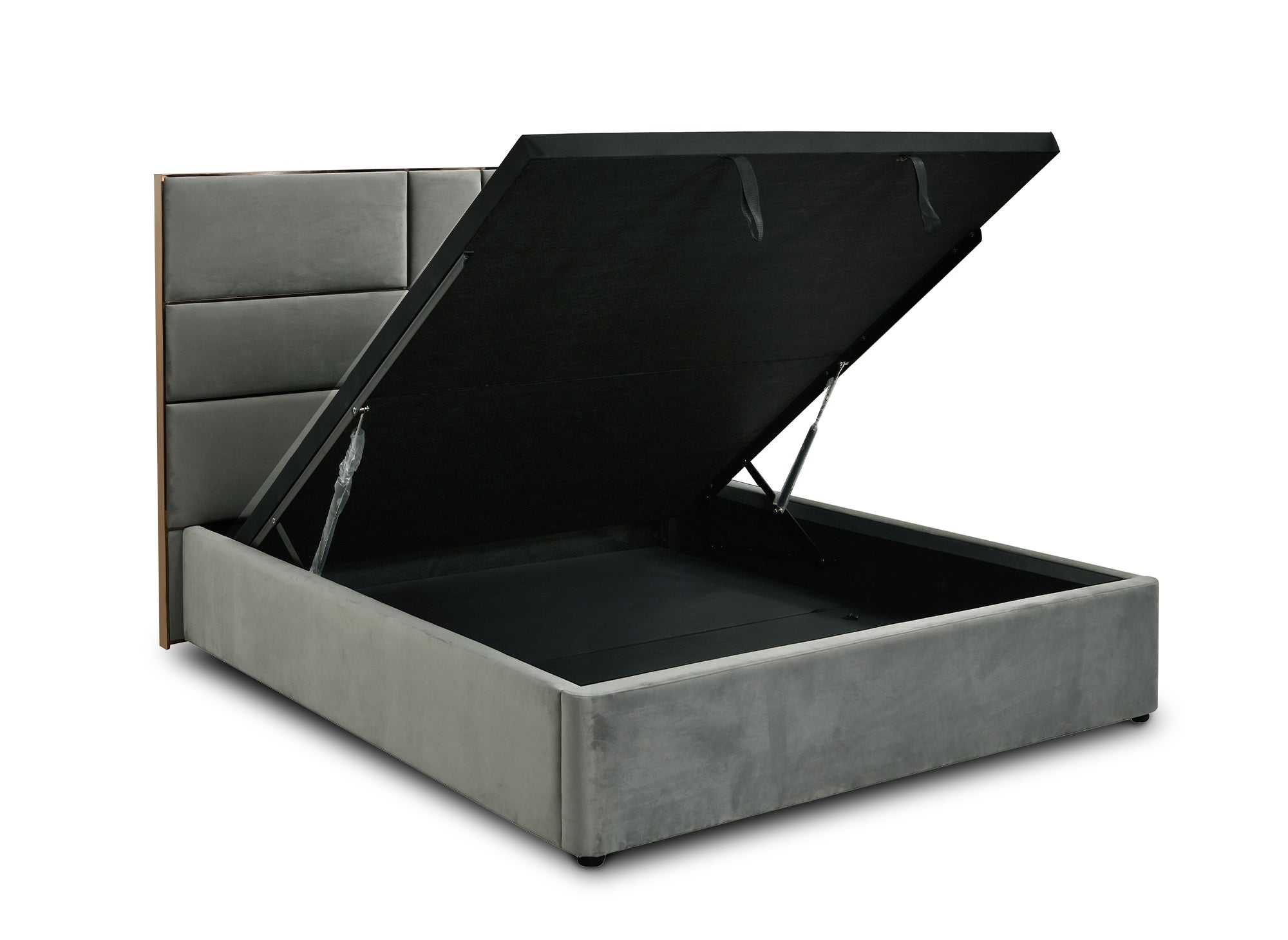 Cama con almacenaje de diseño DAVINA en terciopelo gris, 140 x 190 cm