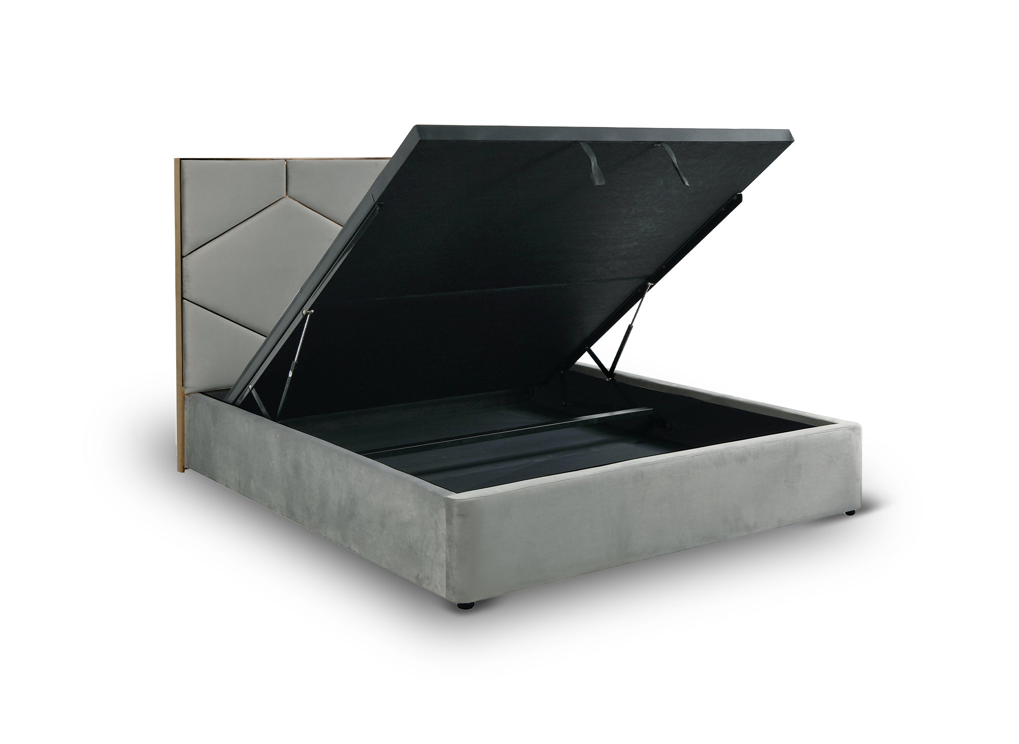 Cama de diseño LARA de 180 x 200 cm con almacenaje y cabecero en terciopelo gris