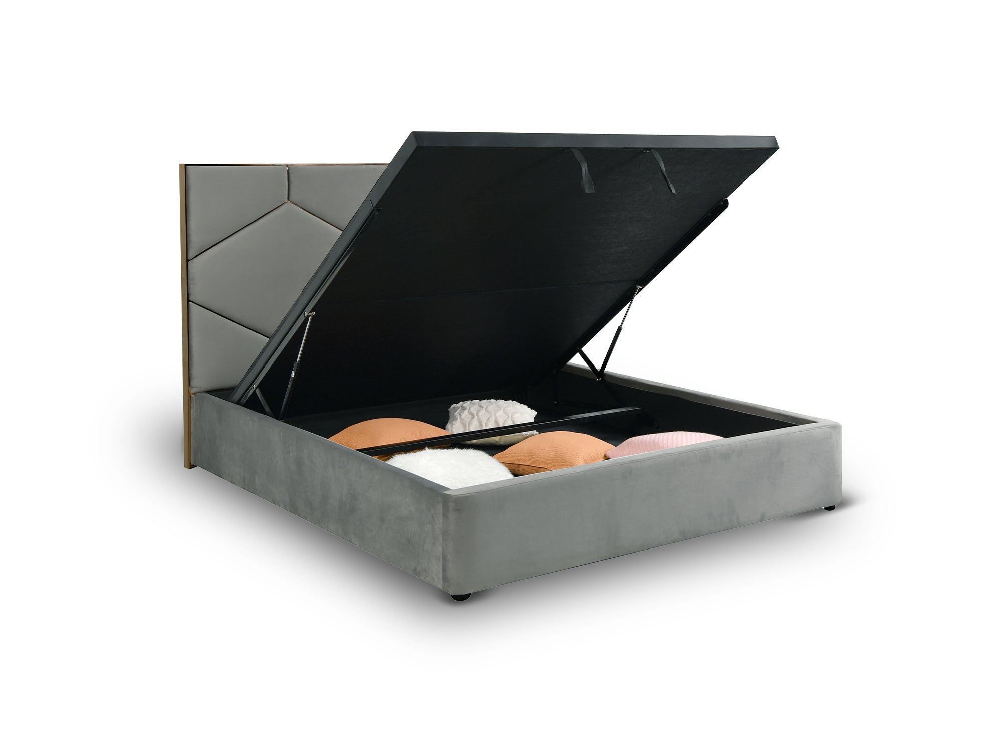 Cama de diseño LARA de 180 x 200 cm con almacenaje y cabecero en terciopelo gris