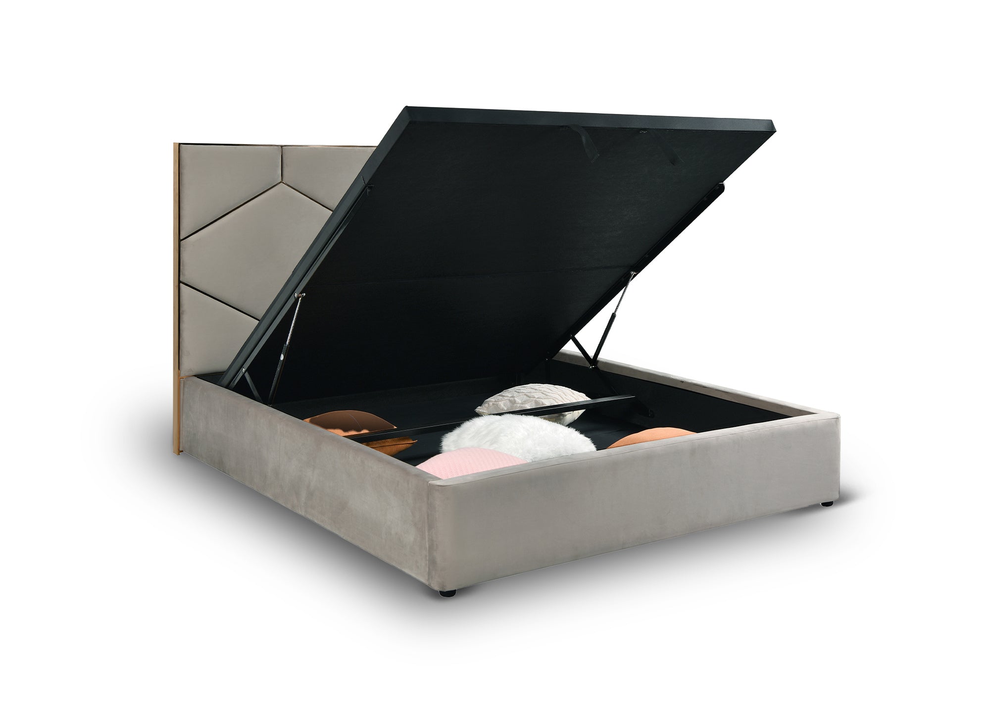 Cama de diseño LARA de 180 x 200 cm con cabecero de terciopelo color topo para almacenaje