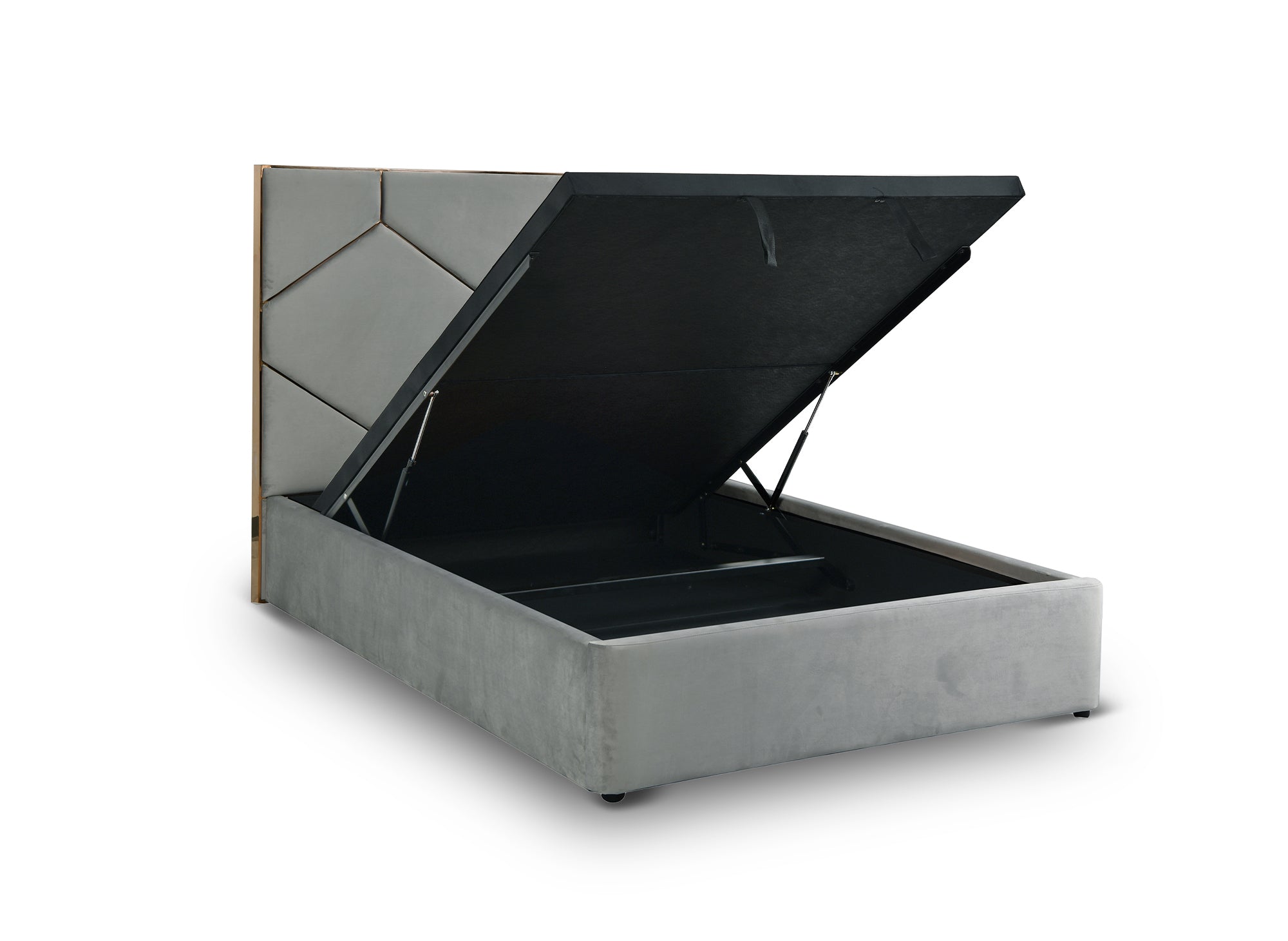 Cama de diseño LARA de 140 x 190 cm con almacenaje y cabecero en terciopelo gris