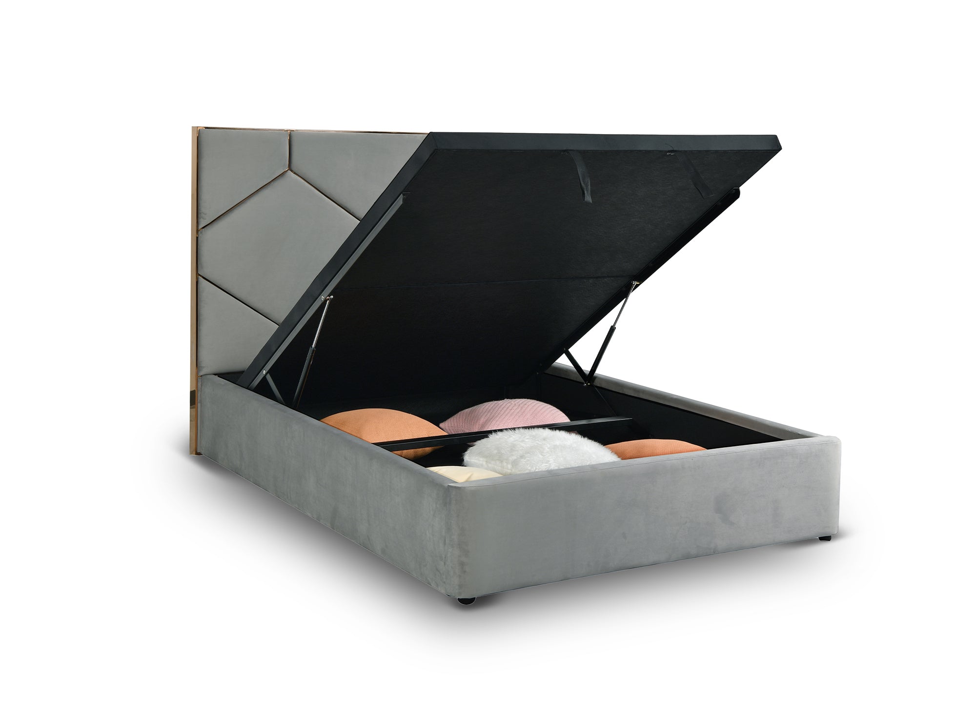 Cama de diseño LARA de 140 x 190 cm con almacenaje y cabecero en terciopelo gris