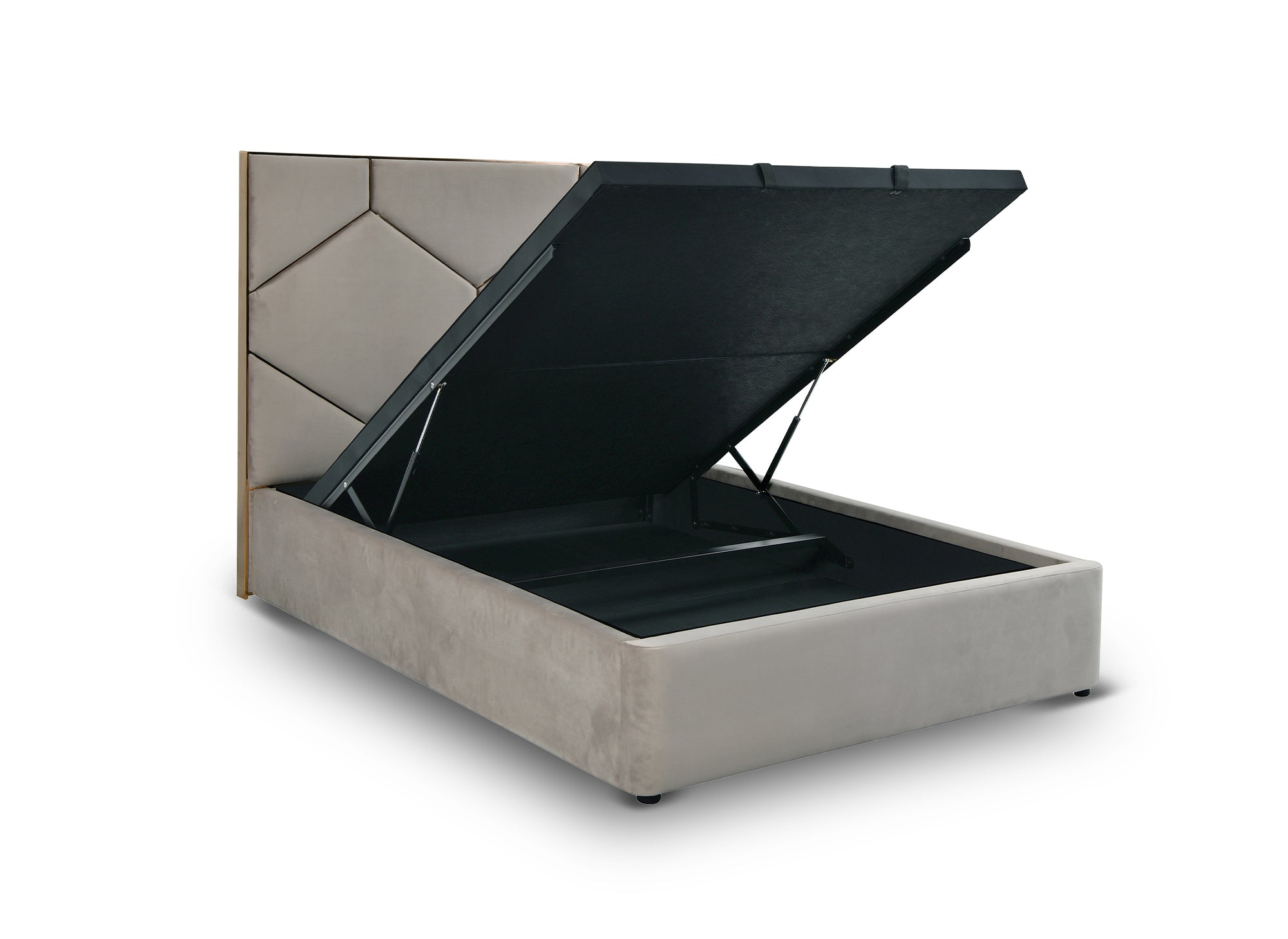 Cama LARA de 140 x 190 cm con almacenaje y cabecero de diseño en terciopelo color topo.