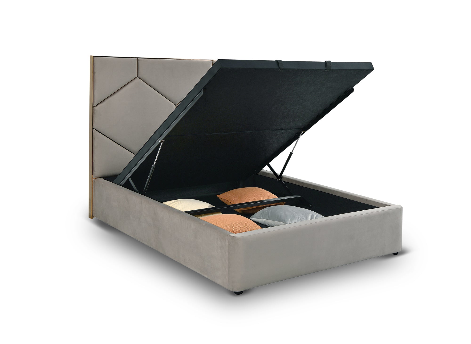 Cama LARA de 140 x 190 cm con almacenaje y cabecero de diseño en terciopelo color topo.