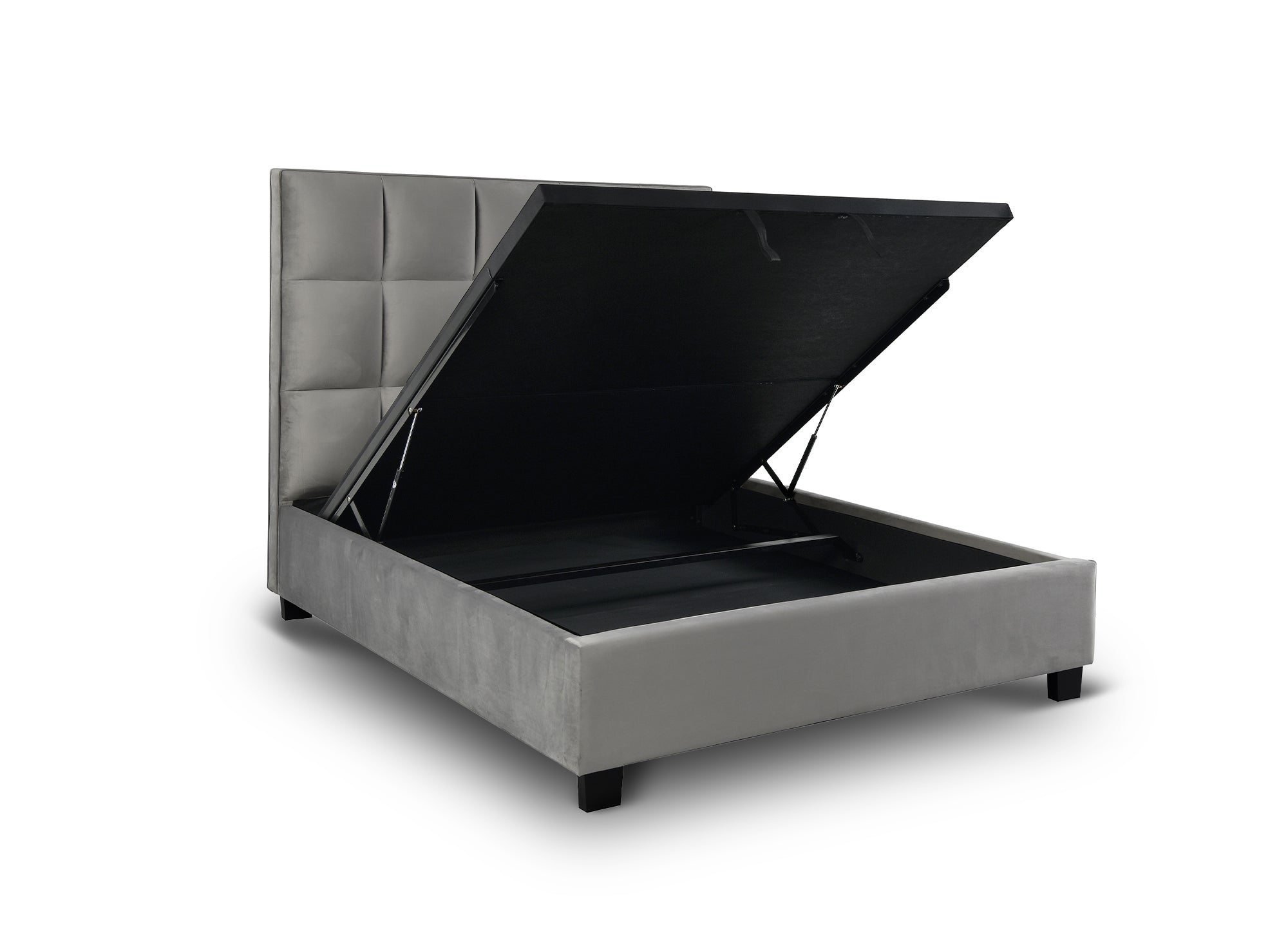Cama de diseño CAROLINE con almacenaje, tapizada en terciopelo gris, 180 x 200 cm