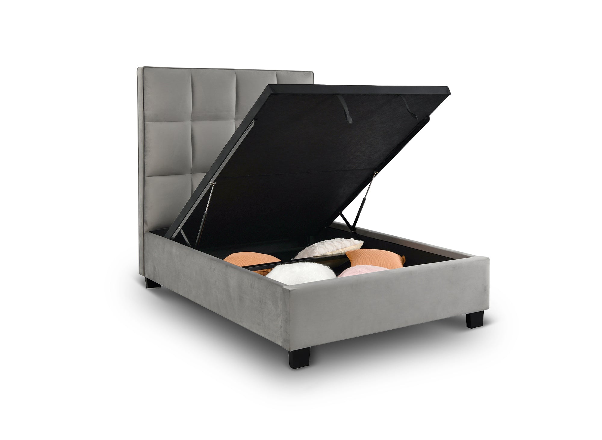 Cama de diseño CAROLINE con almacenaje, tapizada en terciopelo gris, 140 x 190 cm