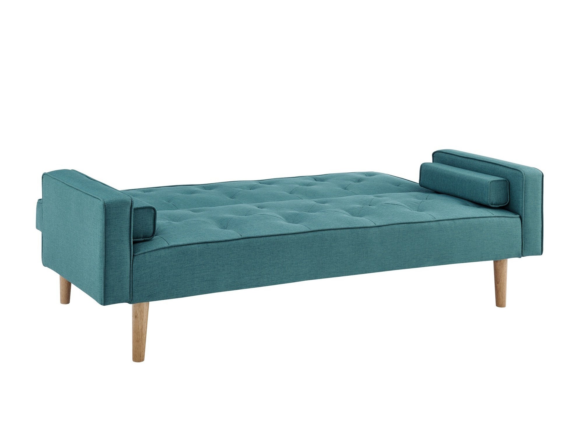 Sofá JAKARTA azul tapizado con mecanismo clic-clac y patas de madera