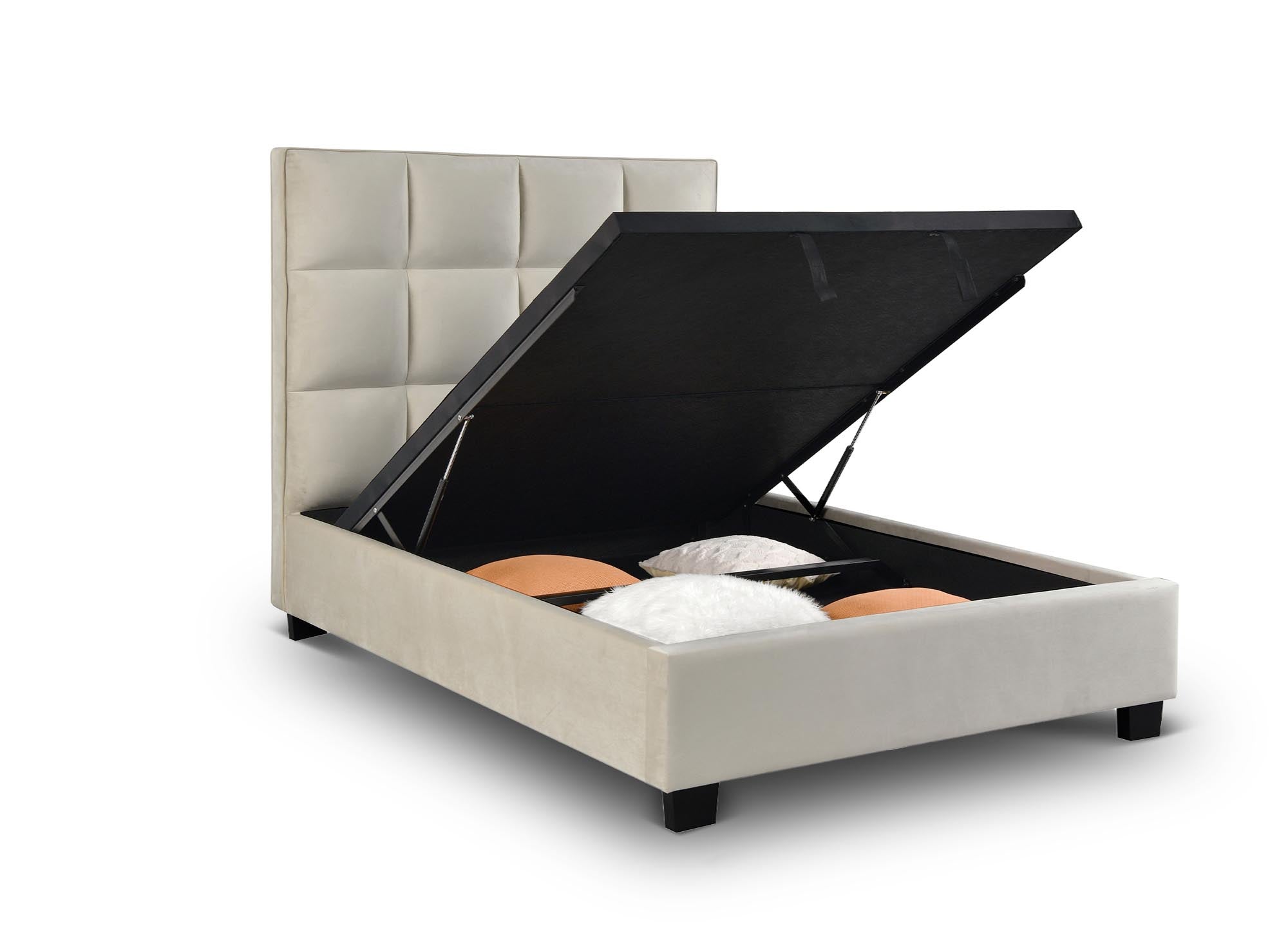 Cama de diseño CAROLINE con almacenaje, tapizada en terciopelo beige, 140 x 190 cm