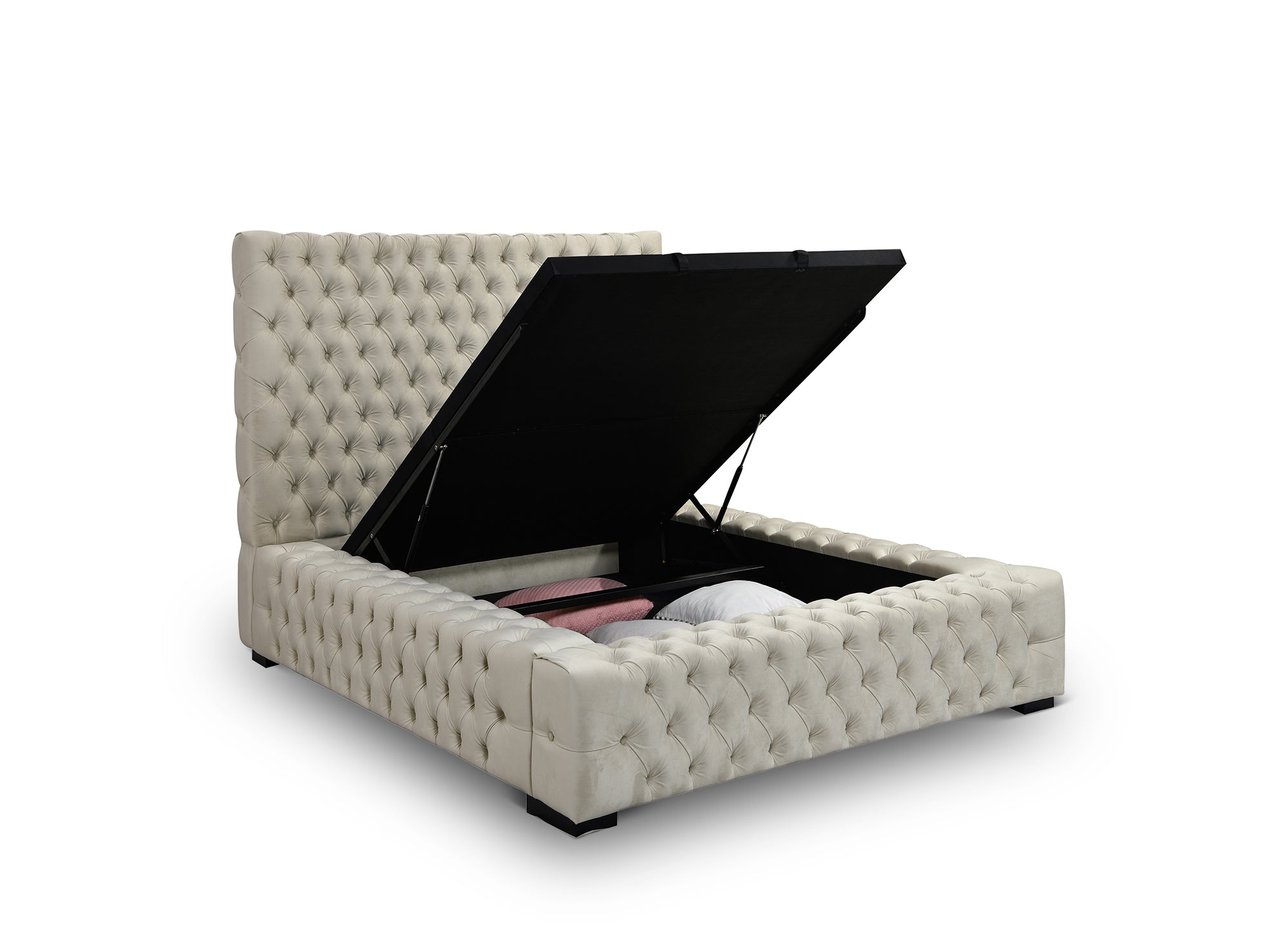 Cama con almacenaje tapizada IDALINE de 140 x 190 cm en terciopelo beige