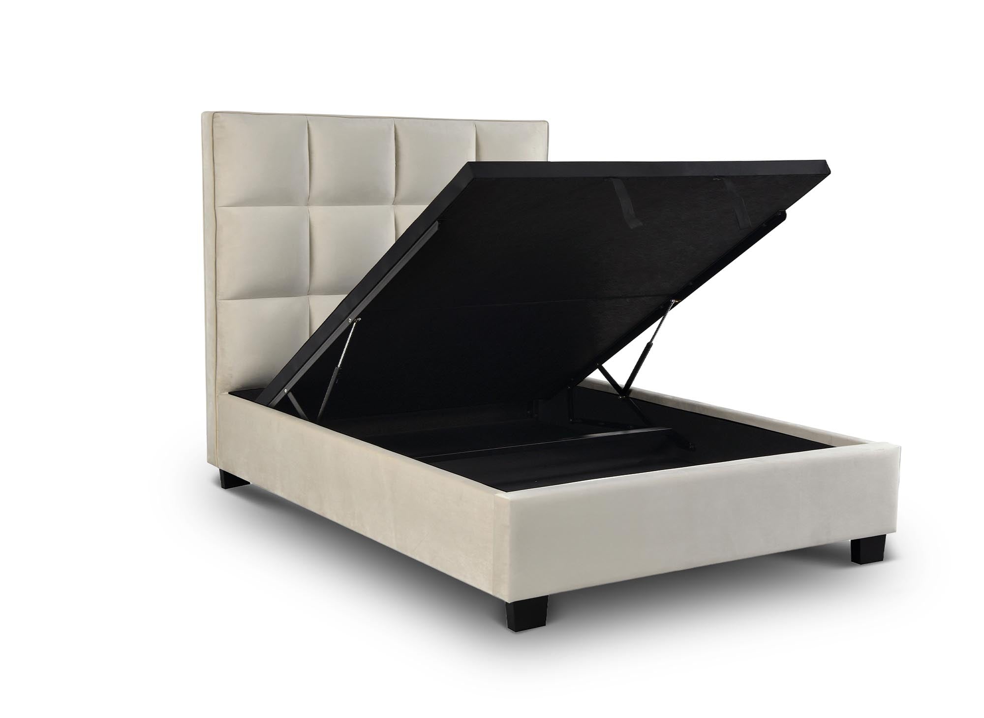 Cama de diseño CAROLINE con almacenaje, tapizada en terciopelo beige, 140 x 190 cm