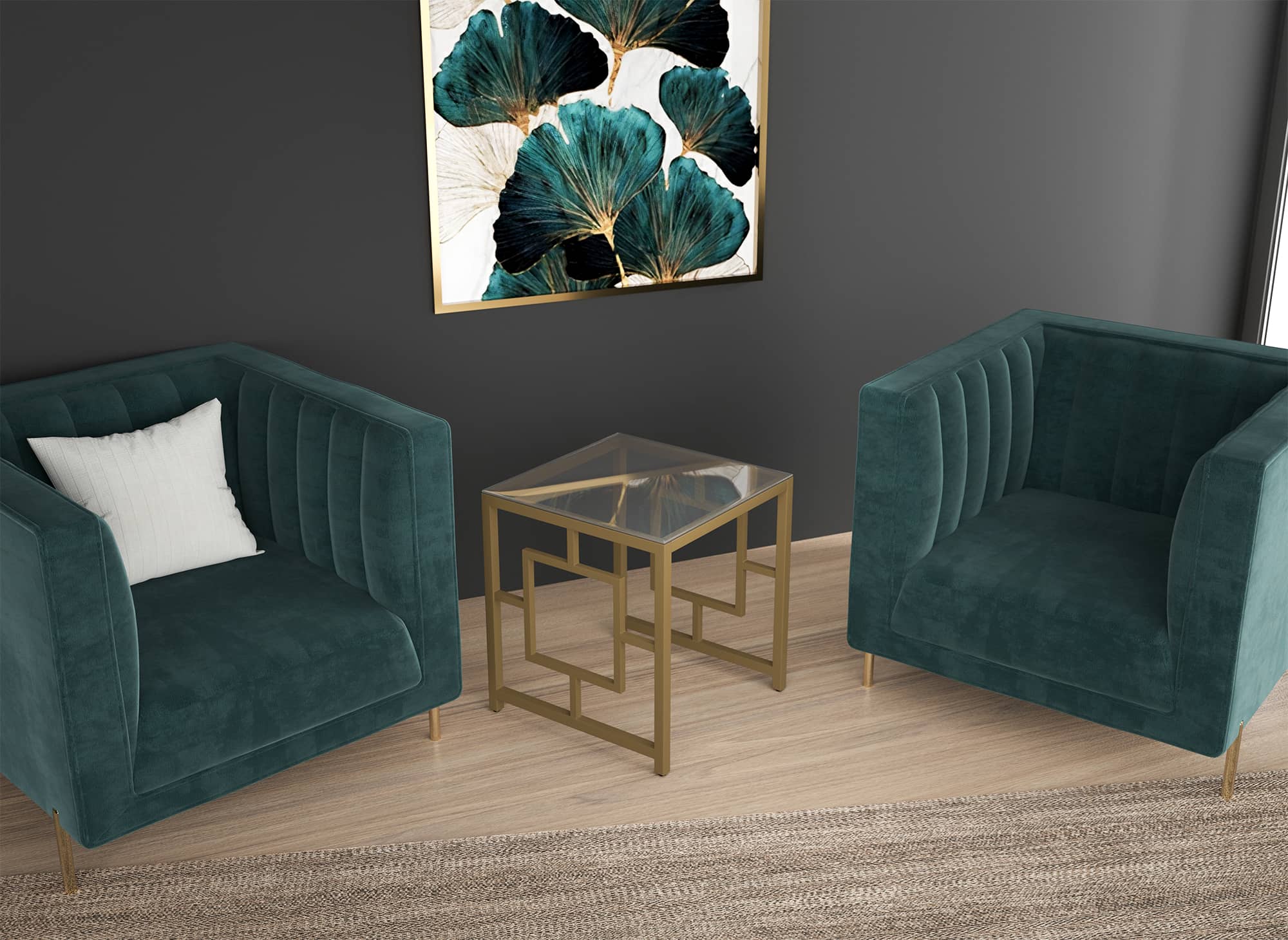 Mesa de centro cuadrada de diseño PABLO en cristal negro y metal dorado