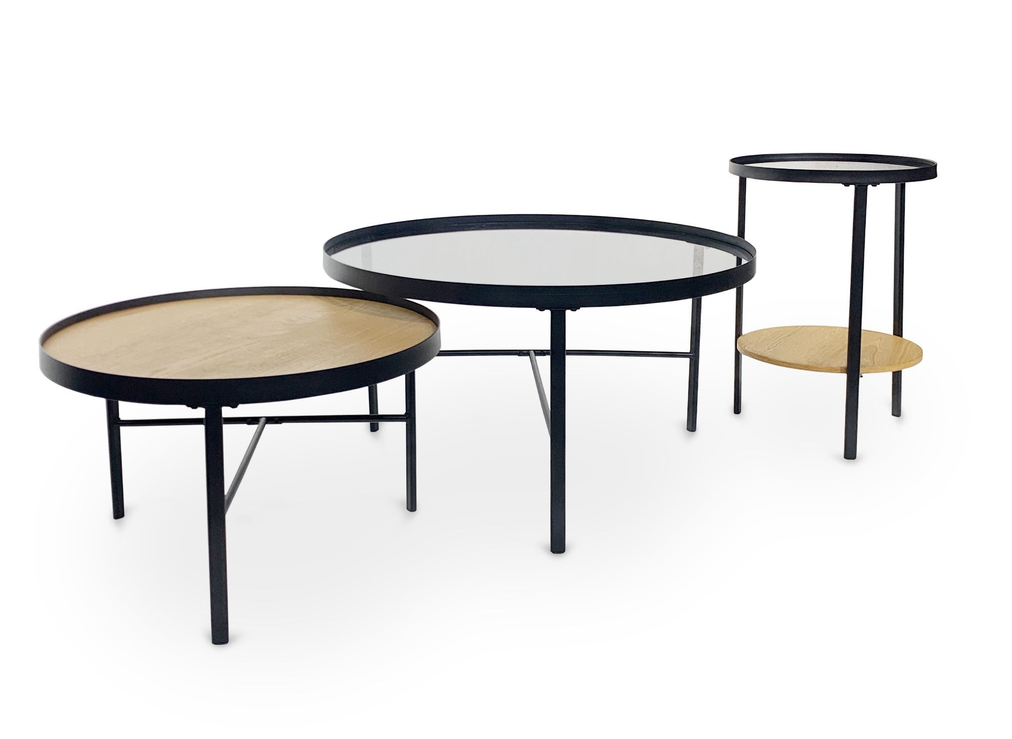 Juego de 3 mesas de centro redondas RIANA en madera y cristal